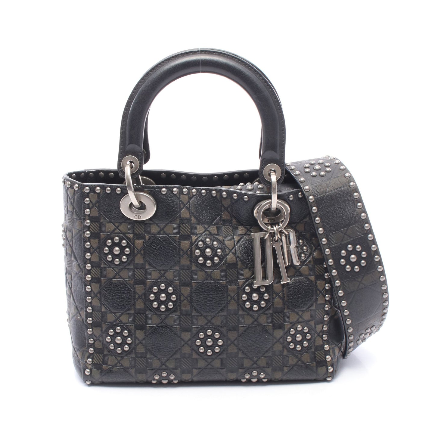 LADY DIOR レディディオール 2WAY ハンドバッグ レザー ブラック カーキグリーン クリスチャンディオール