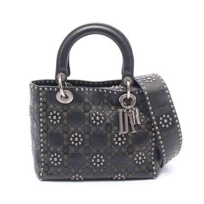 LADY DIOR レディディオール 2WAY ハンドバッグ レザー ブラック カーキグリーン クリスチャンディオール