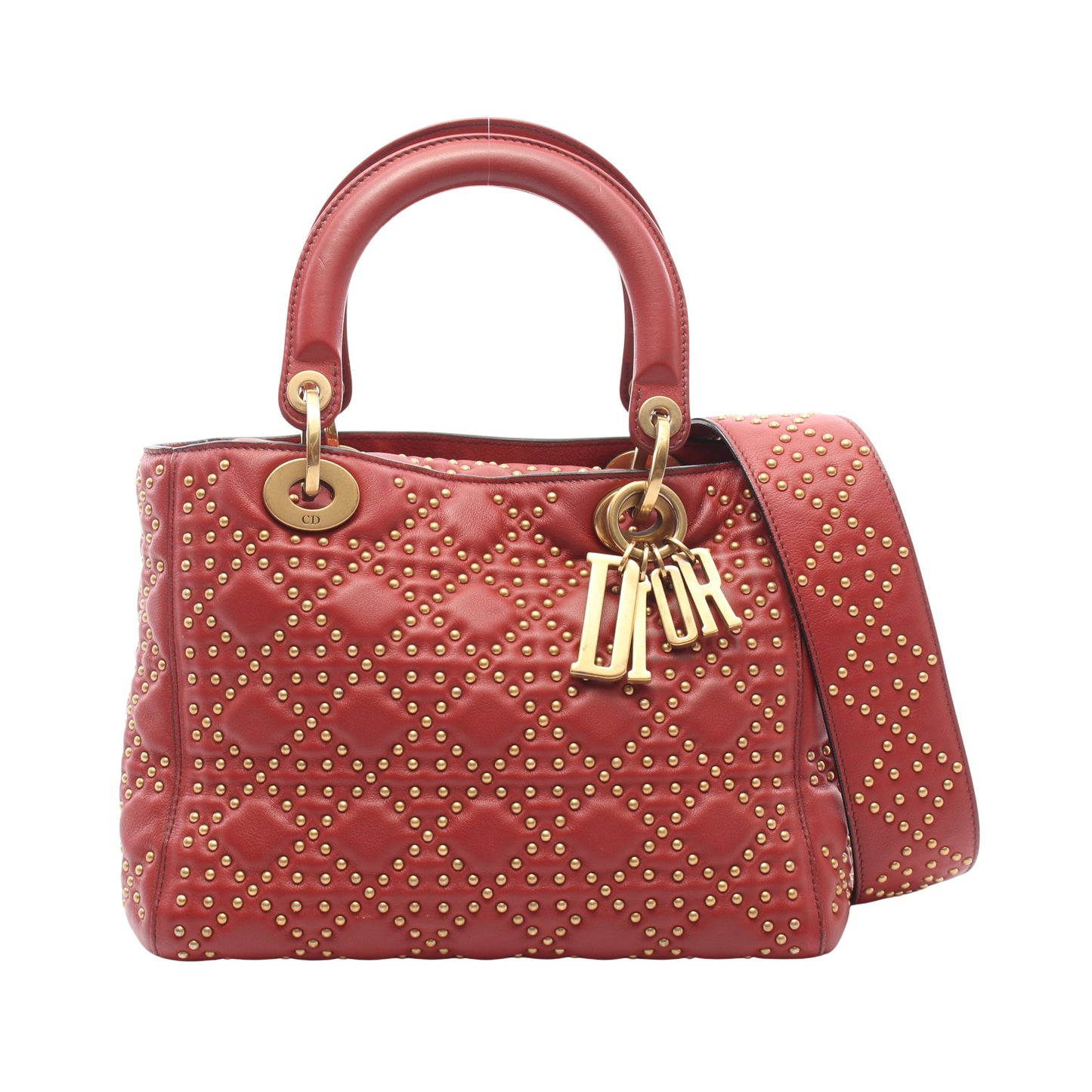 LADY DIOR レディディオール スタッズ 2WAY ハンドバッグ レザー レッドブラウン クリスチャンディオール