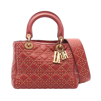 LADY DIOR レディディオール スタッズ 2WAY ハンドバッグ レザー レッドブラウン クリスチャンディオール