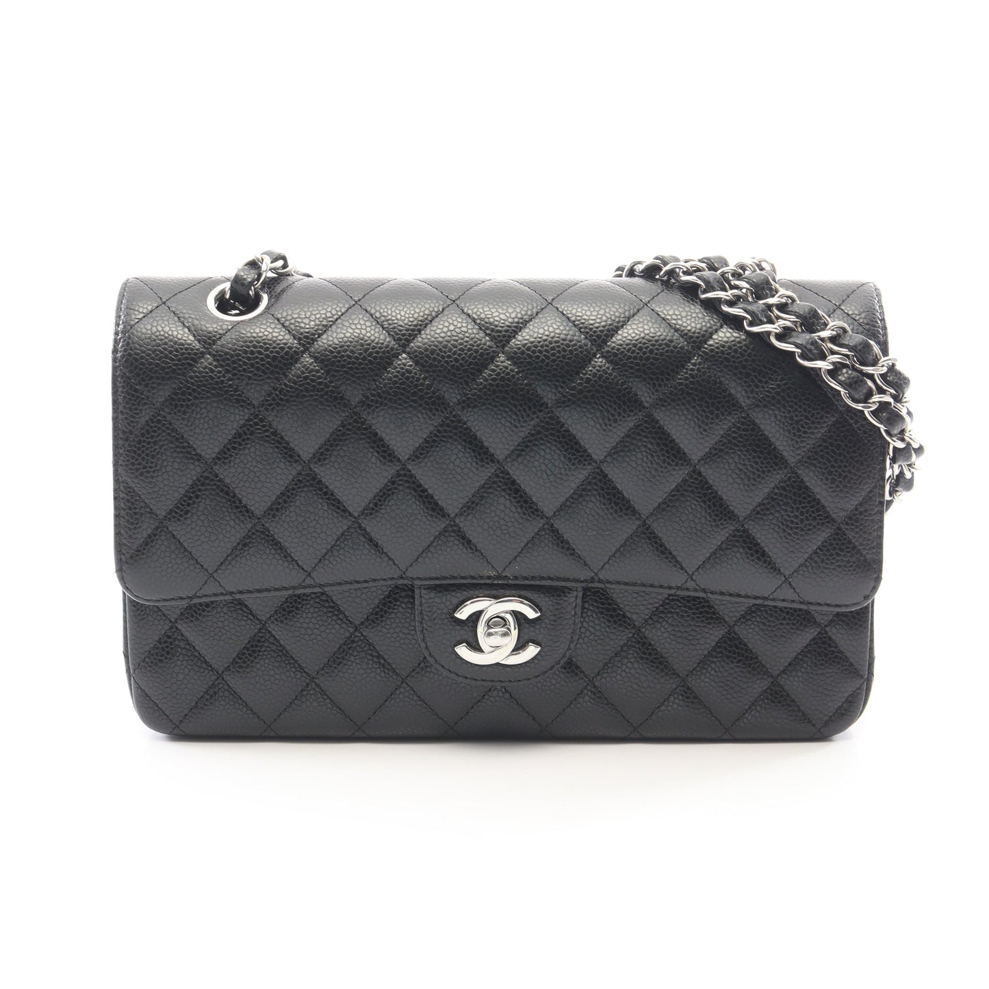 マトラッセ Wフラップ Wチェーンショルダーバッグ キャビアスキン ブラック シルバー金具 シャネル バッグ CHANEL
