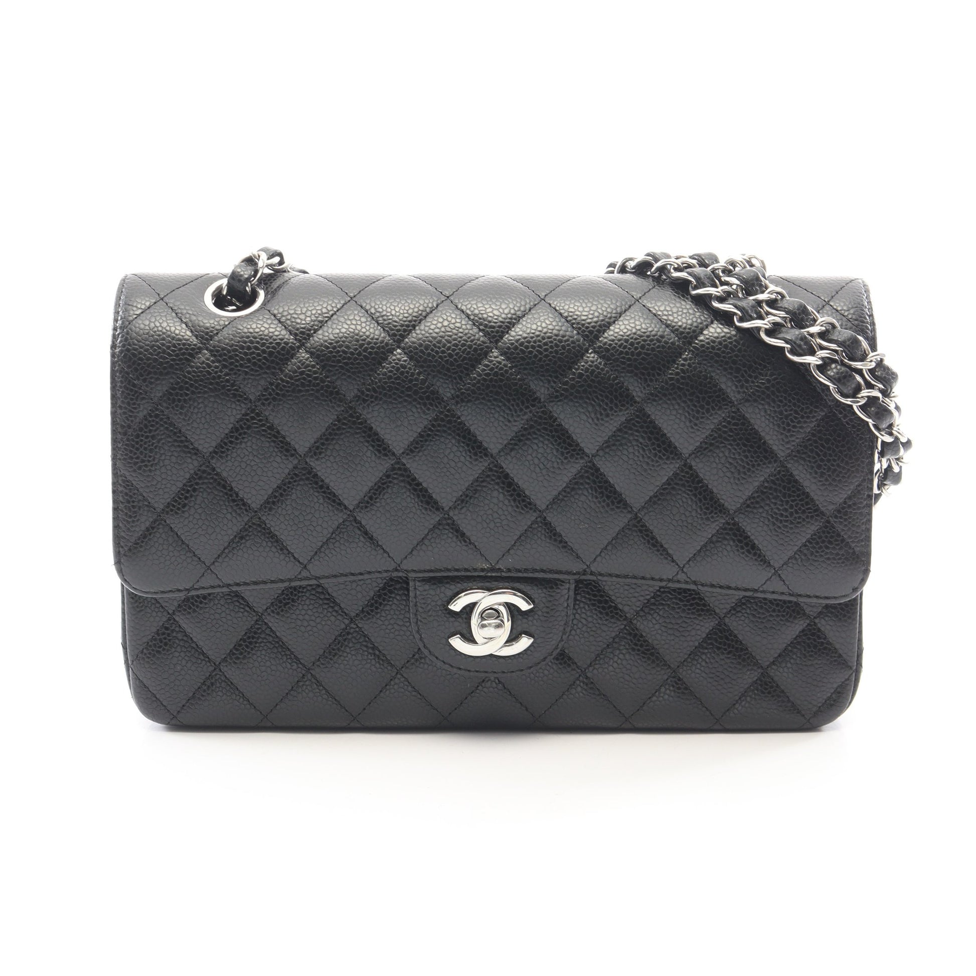 マトラッセ Wフラップ Wチェーンショルダーバッグ キャビアスキン ブラック シルバー金具 シャネル バッグ CHANEL