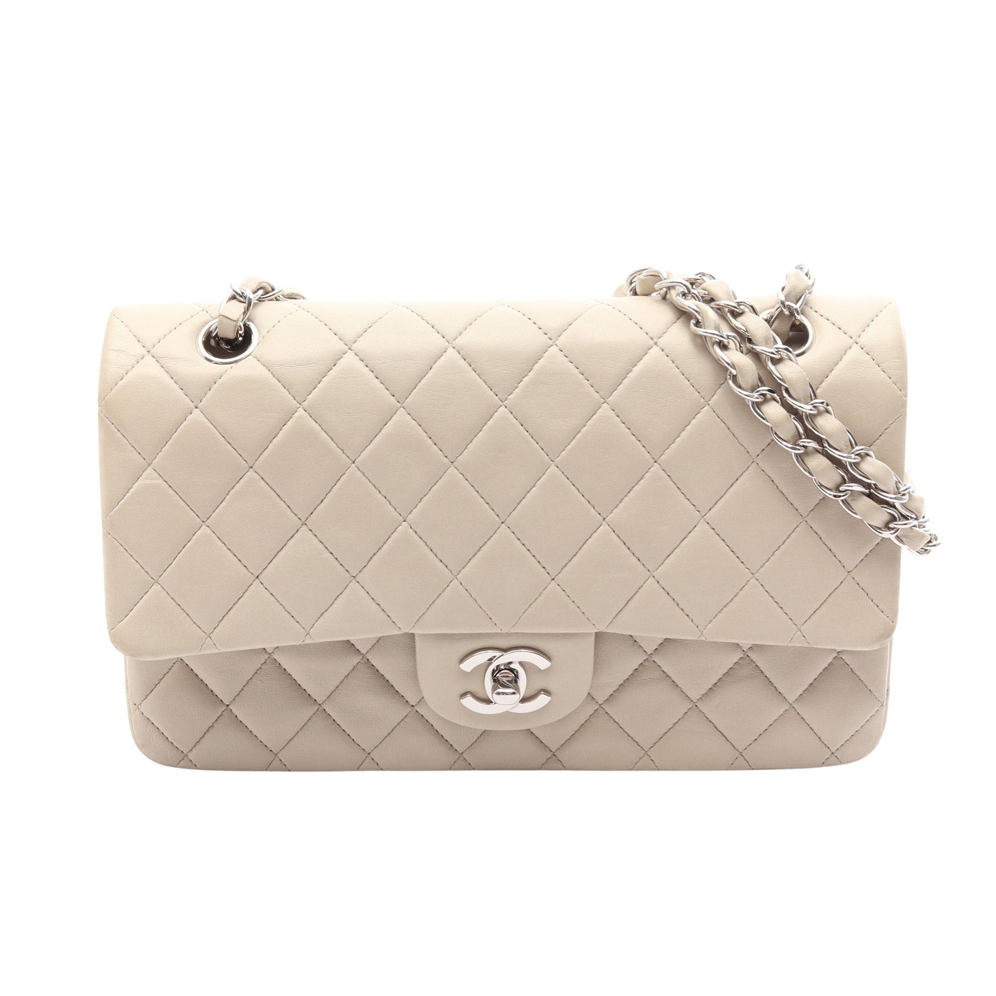 マトラッセ Wフラップ Wチェーンショルダーバッグ ラムスキン ライトグレー シルバー金具 シャネル バッグ CHANEL