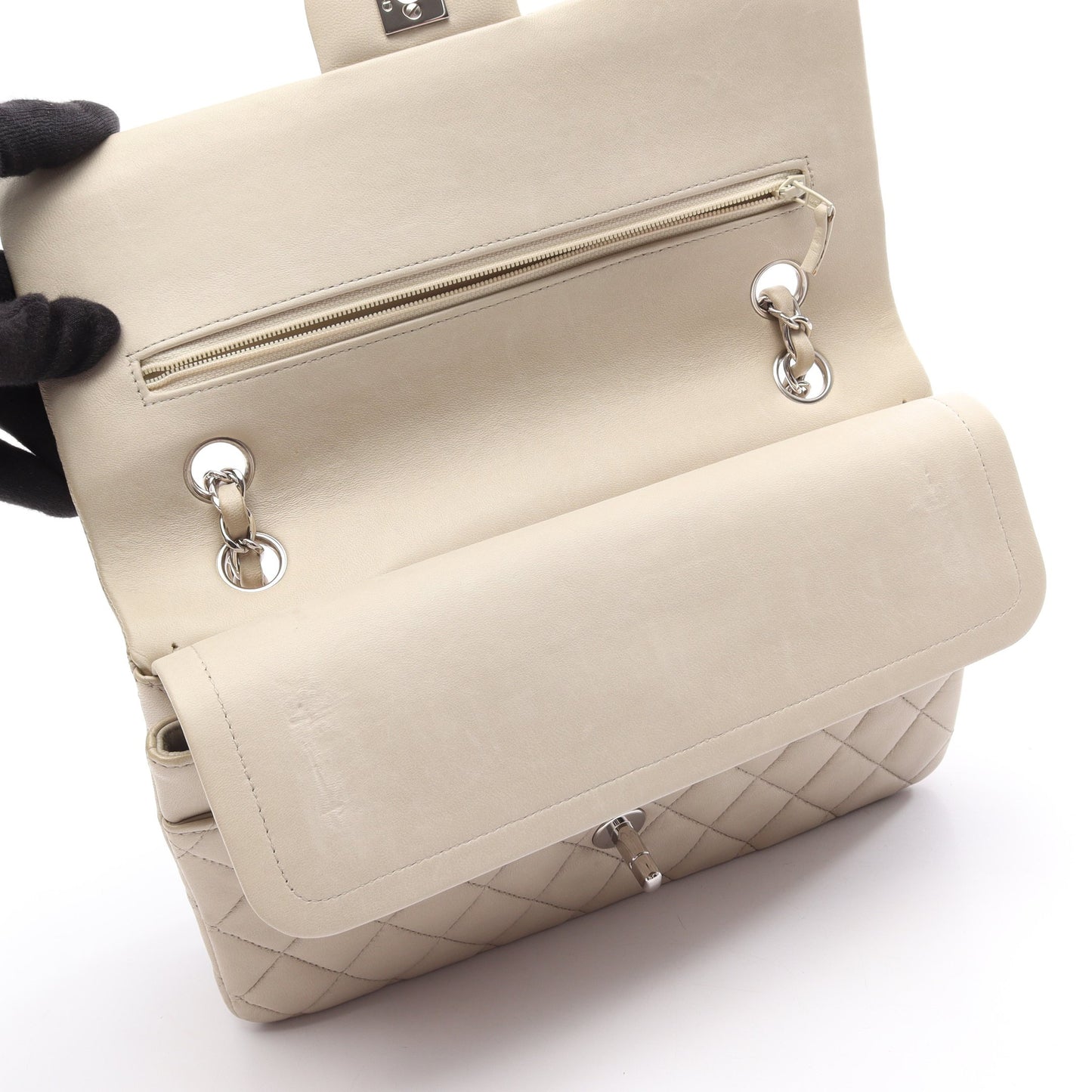 マトラッセ Wフラップ Wチェーンショルダーバッグ ラムスキン ライトグレー シルバー金具 シャネル バッグ CHANEL