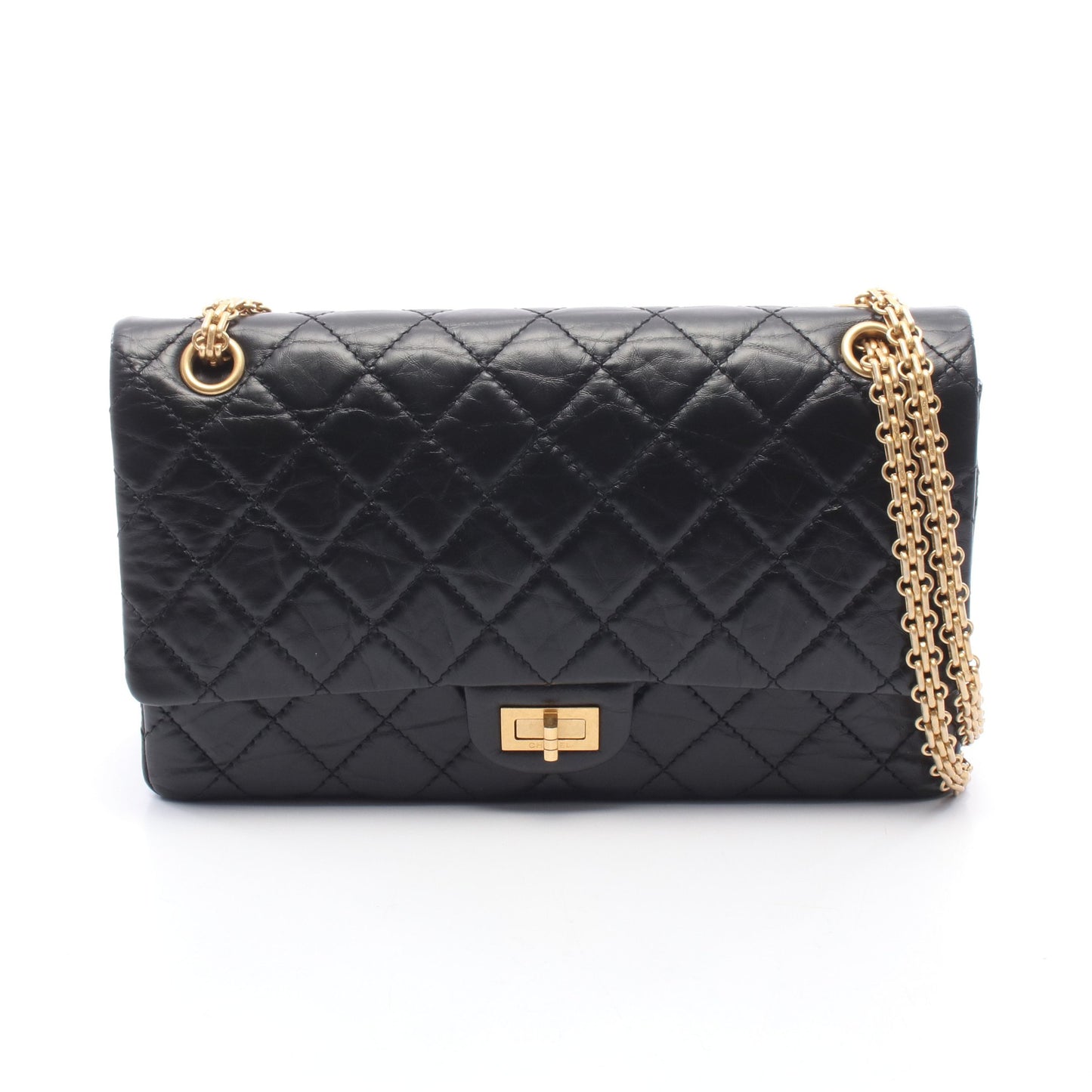 2.55 マトラッセ Wフラップ Wチェーンショルダーバッグ エイジドカーフスキン ブラック ゴールド金具 シャネル バッグ CHANEL