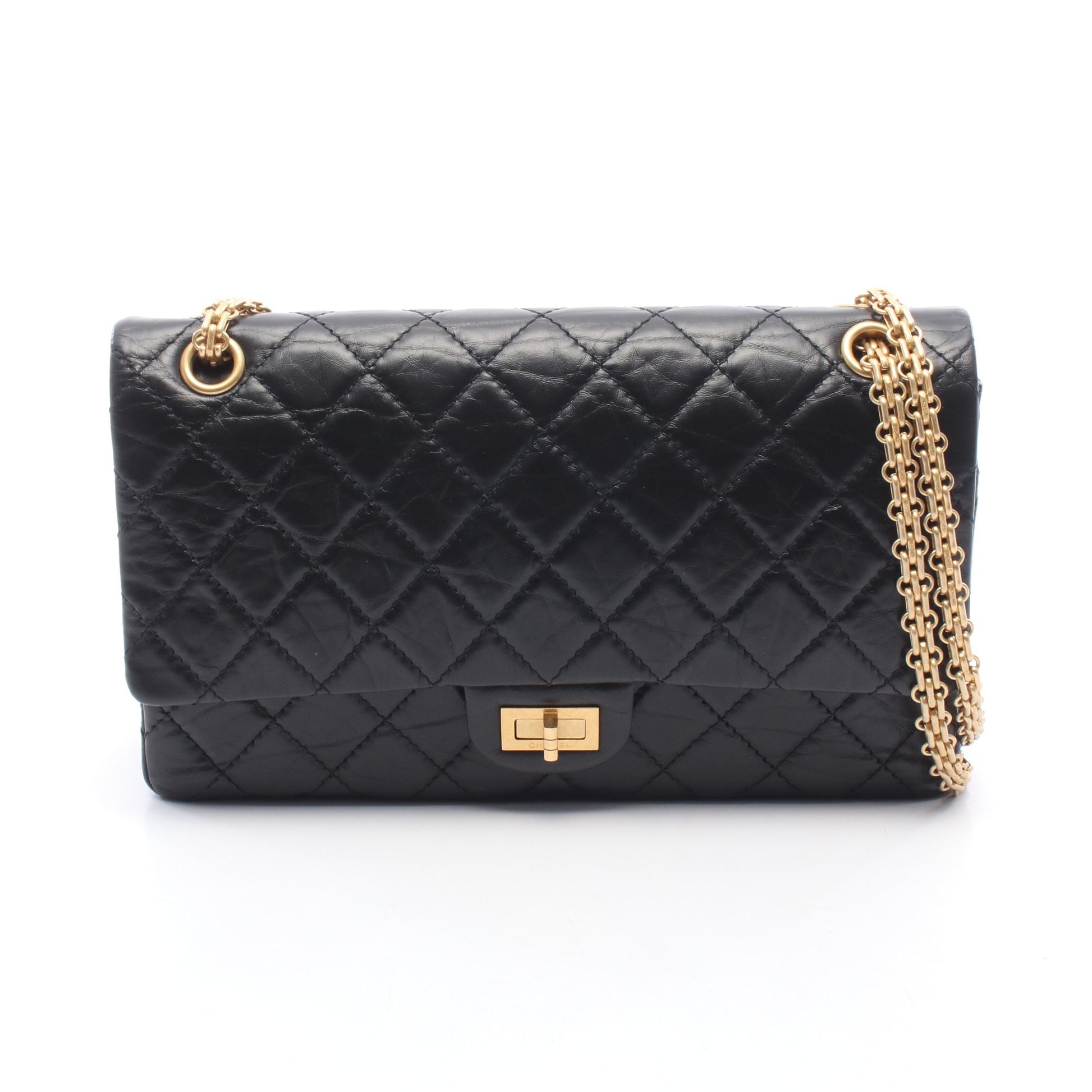 2.55 マトラッセ Wフラップ Wチェーンショルダーバッグ エイジドカーフスキン ブラック ゴールド金具 シャネル バッグ CHANEL