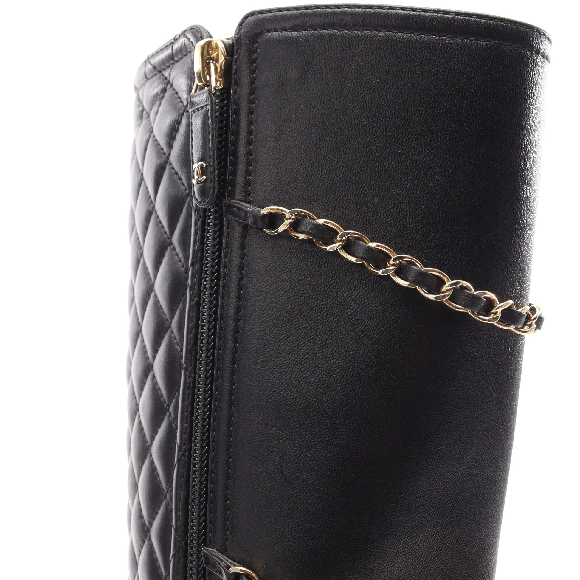 マトラッセ チェーン ロング ブーツ レザー エナメルレザー ブラック シャネル シューズ CHANEL