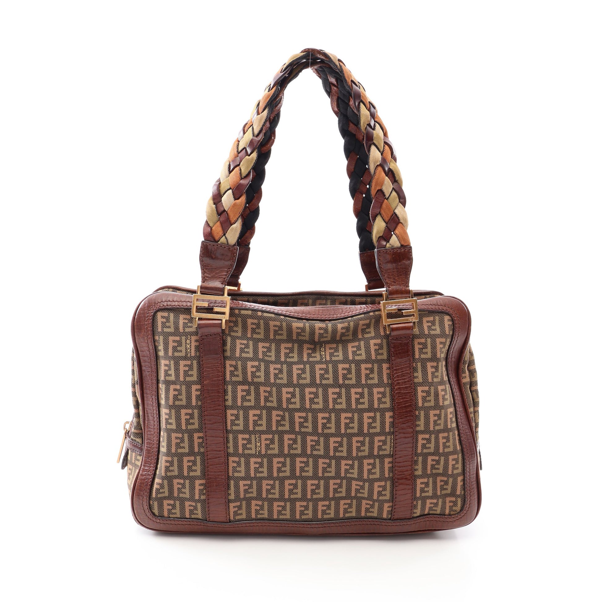 ズッキーノ ハンドバッグ キャンバス レザー カーキグリーン ブラウン フェンディ バッグ FENDI