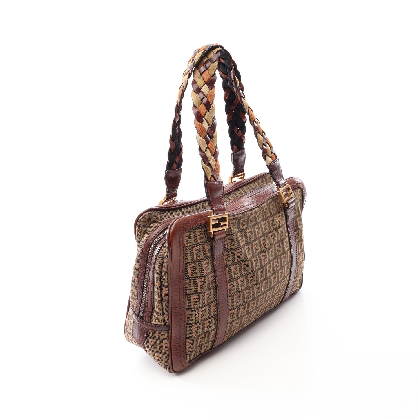 ズッキーノ ハンドバッグ キャンバス レザー カーキグリーン ブラウン フェンディ バッグ FENDI