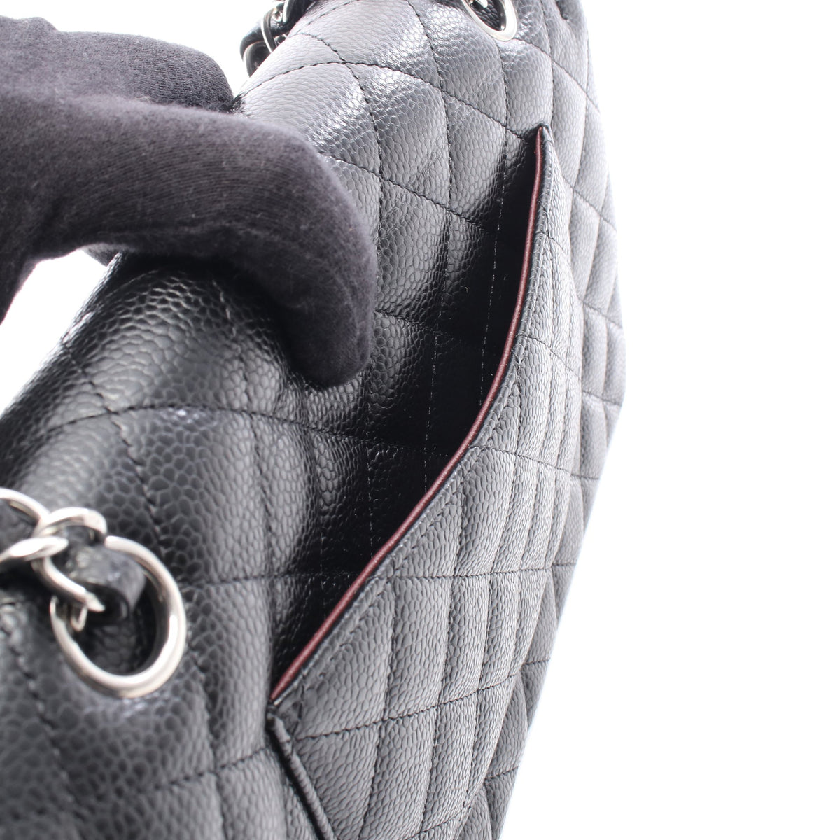 マトラッセ Wフラップ Wチェーンショルダーバッグ キャビアスキン ブラック シルバー金具 シャネル バッグ CHANEL