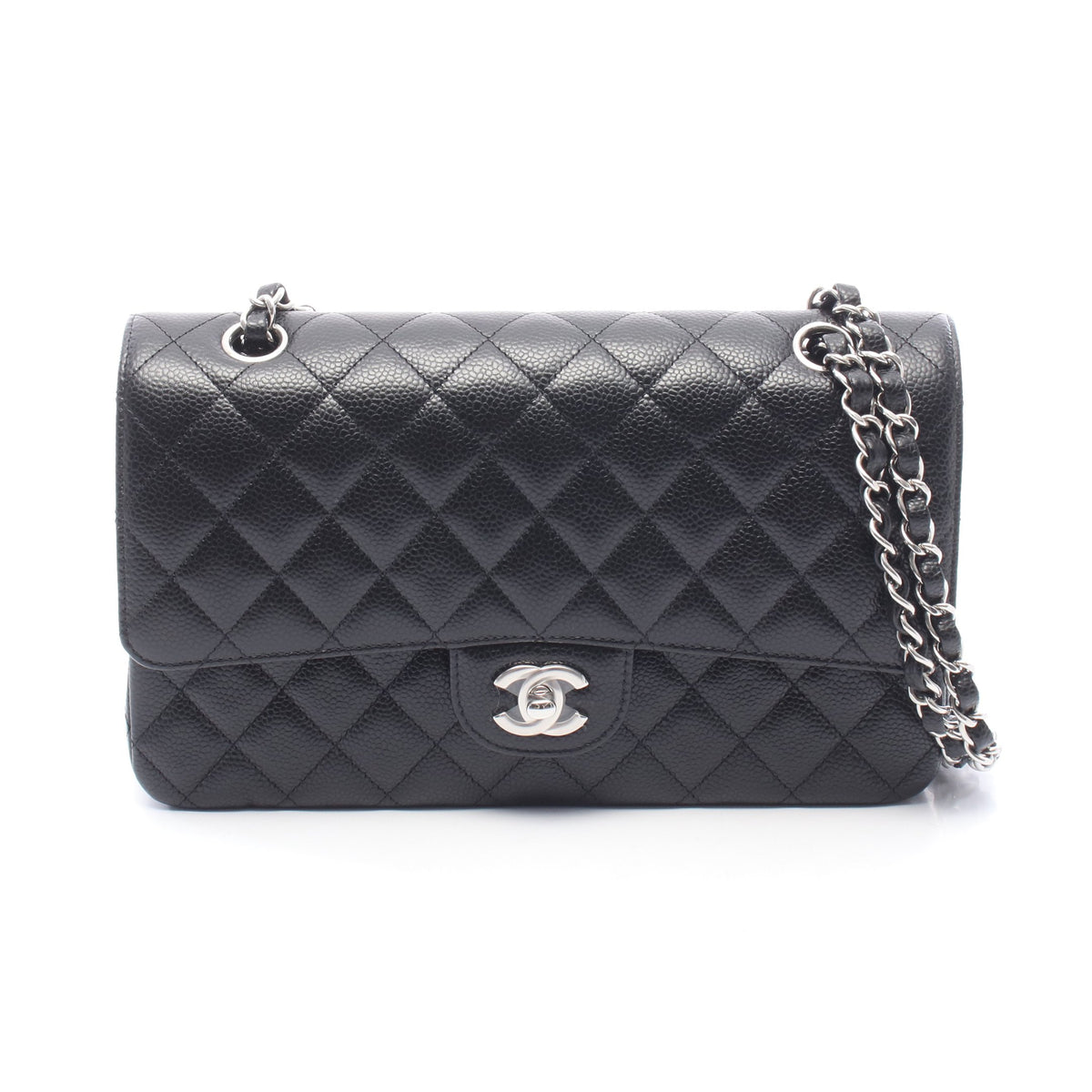 マトラッセ Wフラップ Wチェーンショルダーバッグ キャビアスキン ブラック シルバー金具 シャネル バッグ CHANEL