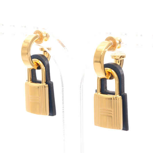 オーケリー D刻印 ピアス GP レザー ネイビー ゴールド エルメス アクセサリー HERMES