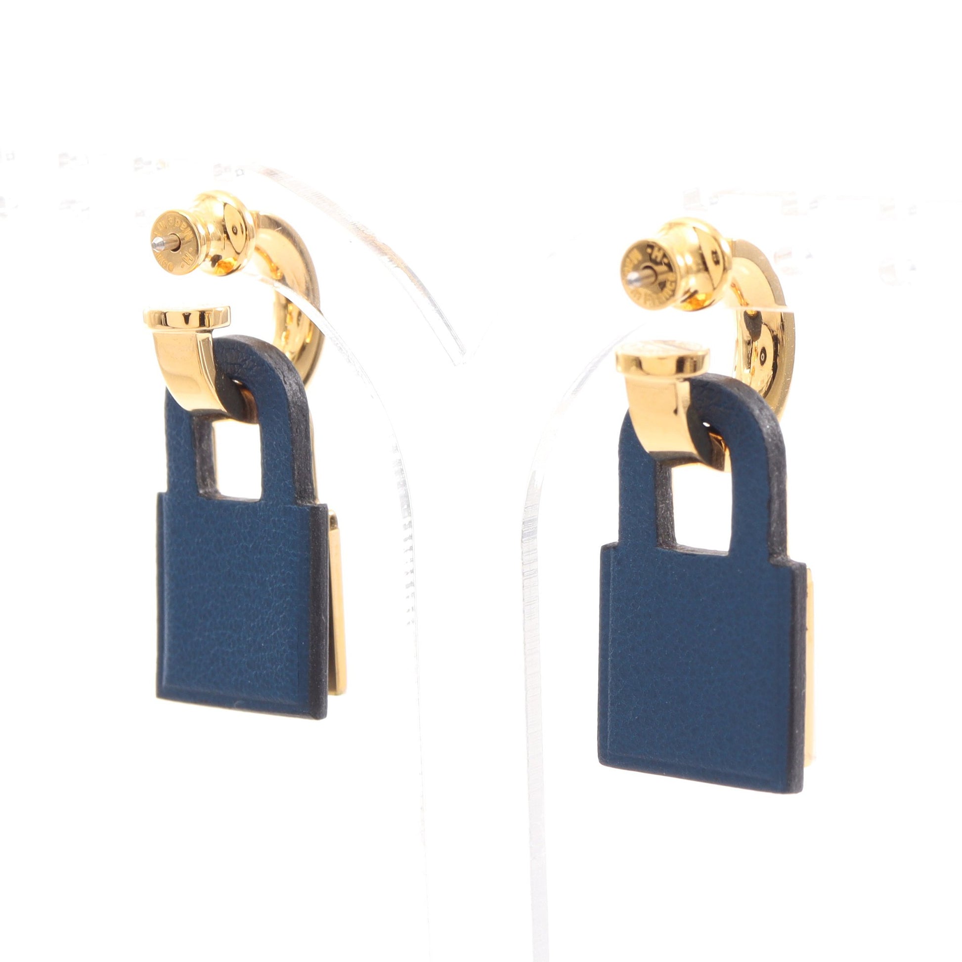 オーケリー D刻印 ピアス GP レザー ネイビー ゴールド エルメス アクセサリー HERMES