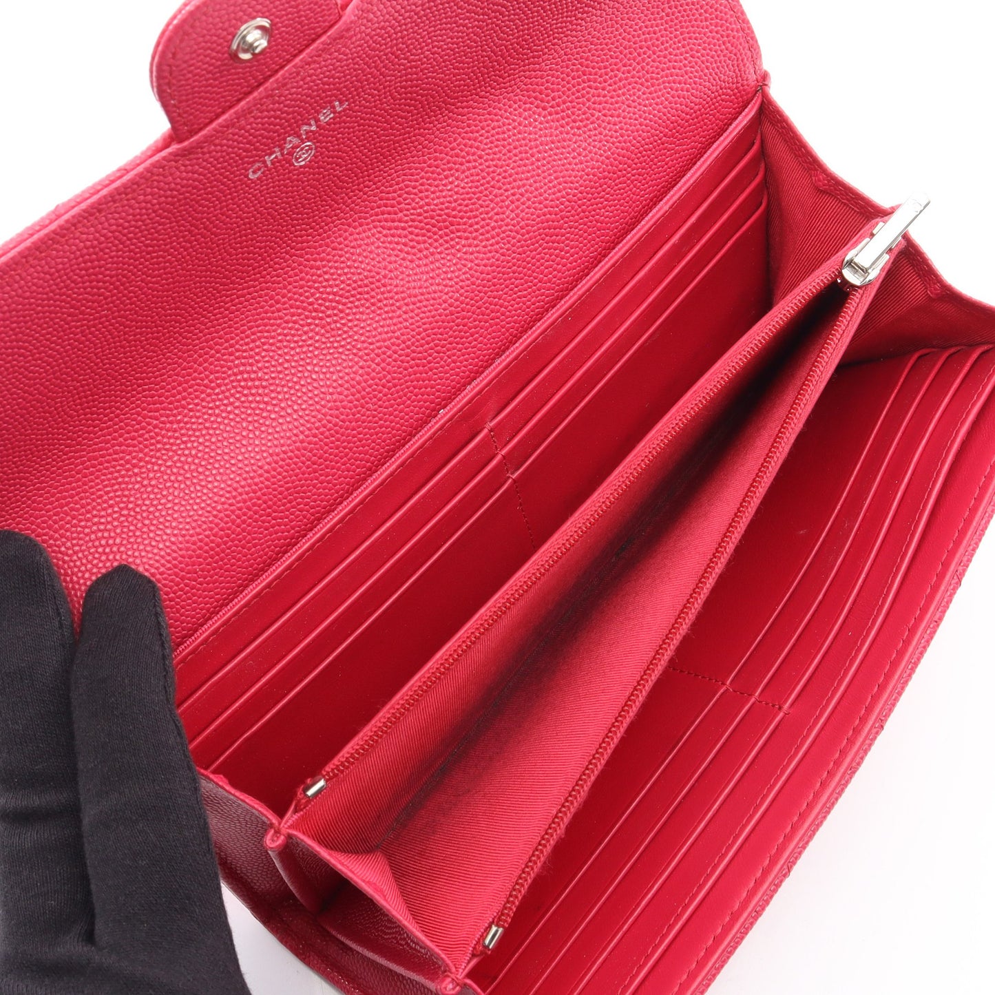 クラシック ロング フラップ ウォレット マトラッセ 二つ折り長財布 キャビアスキン ピンクパープル シルバー金具 シャネル