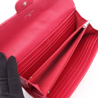 クラシック ロング フラップ ウォレット マトラッセ 二つ折り長財布 キャビアスキン ピンクパープル シルバー金具 シャネル
