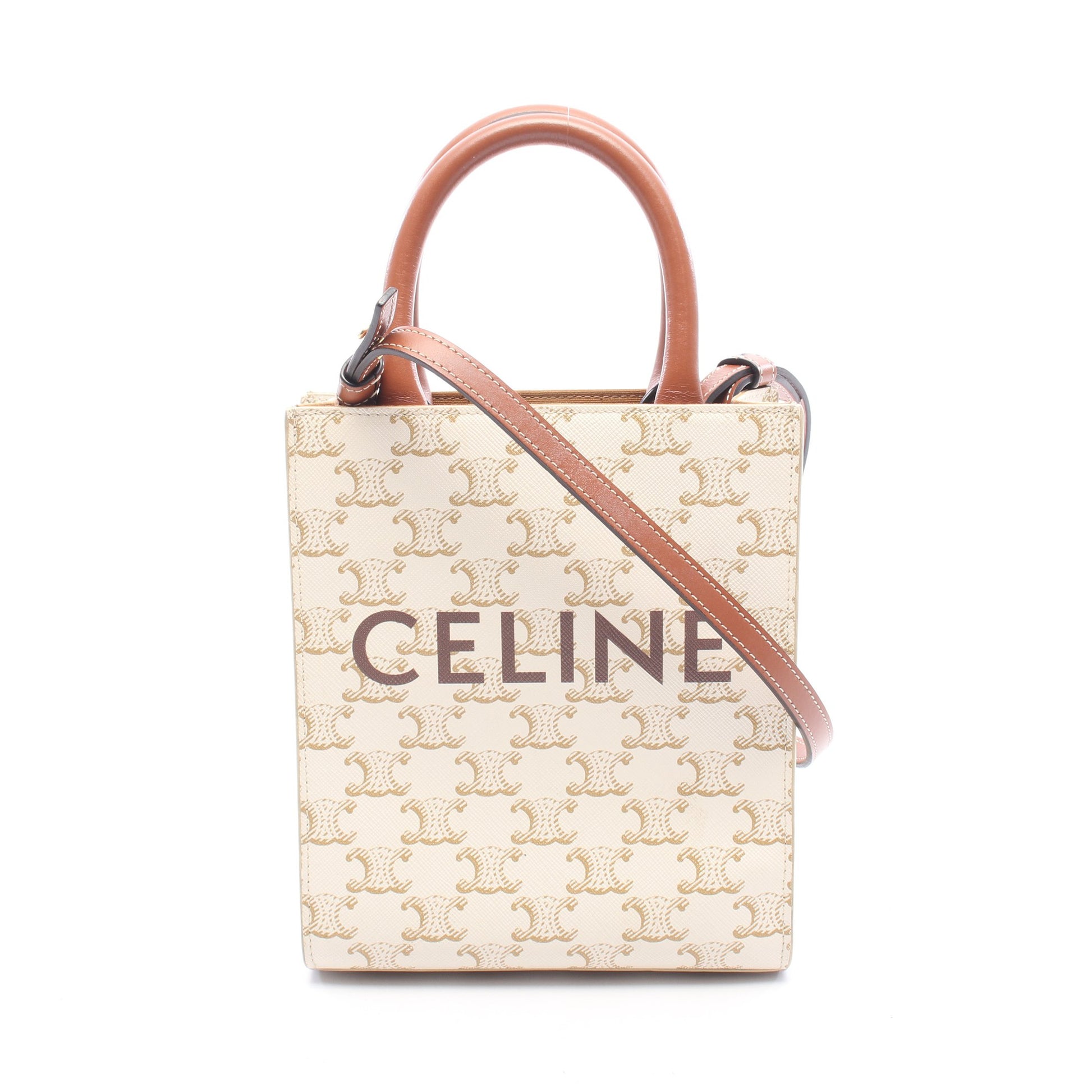 ミニ バーティカルカバ トリオンフ 2WAY ハンドバッグ PVC レザー アイボリー ブラウン セリーヌ バッグ CELINE