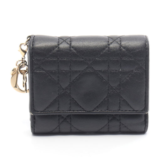 LADY DIOR ロータスウォレット 三つ折り長財布 レザー ブラック クリスチャンディオール