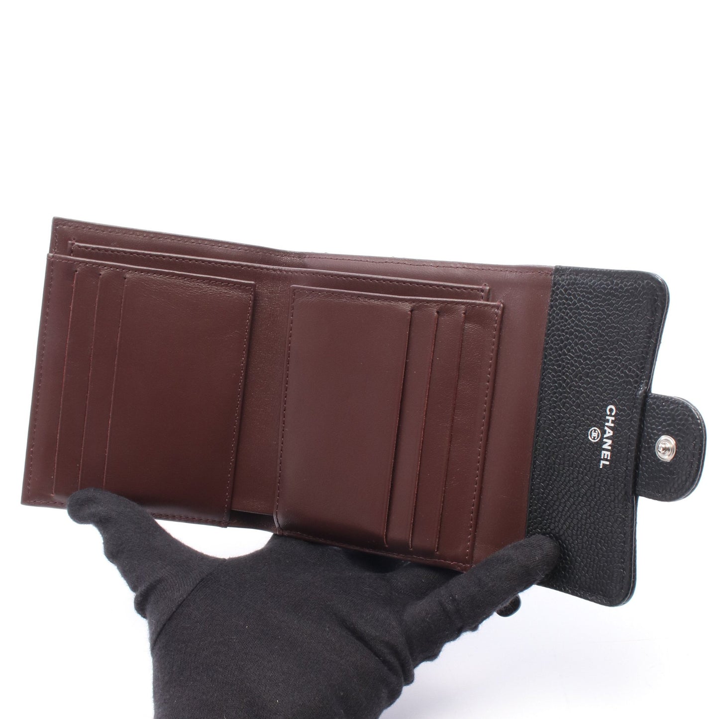 クラシック スモール フラップ ウォレット 三つ折り財布 キャビアスキン ブラック シルバー金具 シャネル