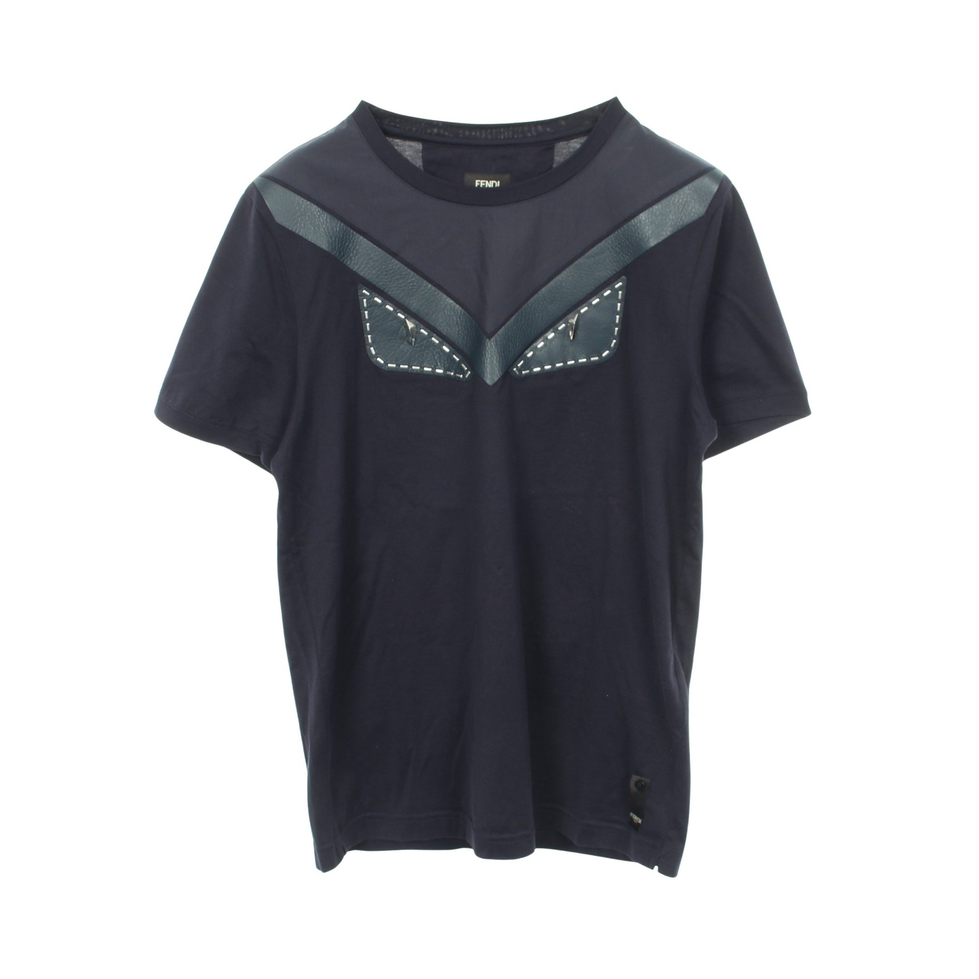 モンスター バグズアイ レザーパッチ クルーネック 半袖Tシャツ コットン ネイビー フェンディ トップス FENDI