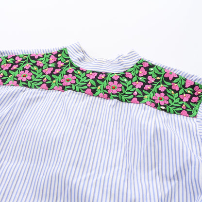 カットオフ フラワー刺繍 ストライプ シャツワンピース コットン ホワイト ライトブルー ダークブルー コムデギャルソンオムプリュス