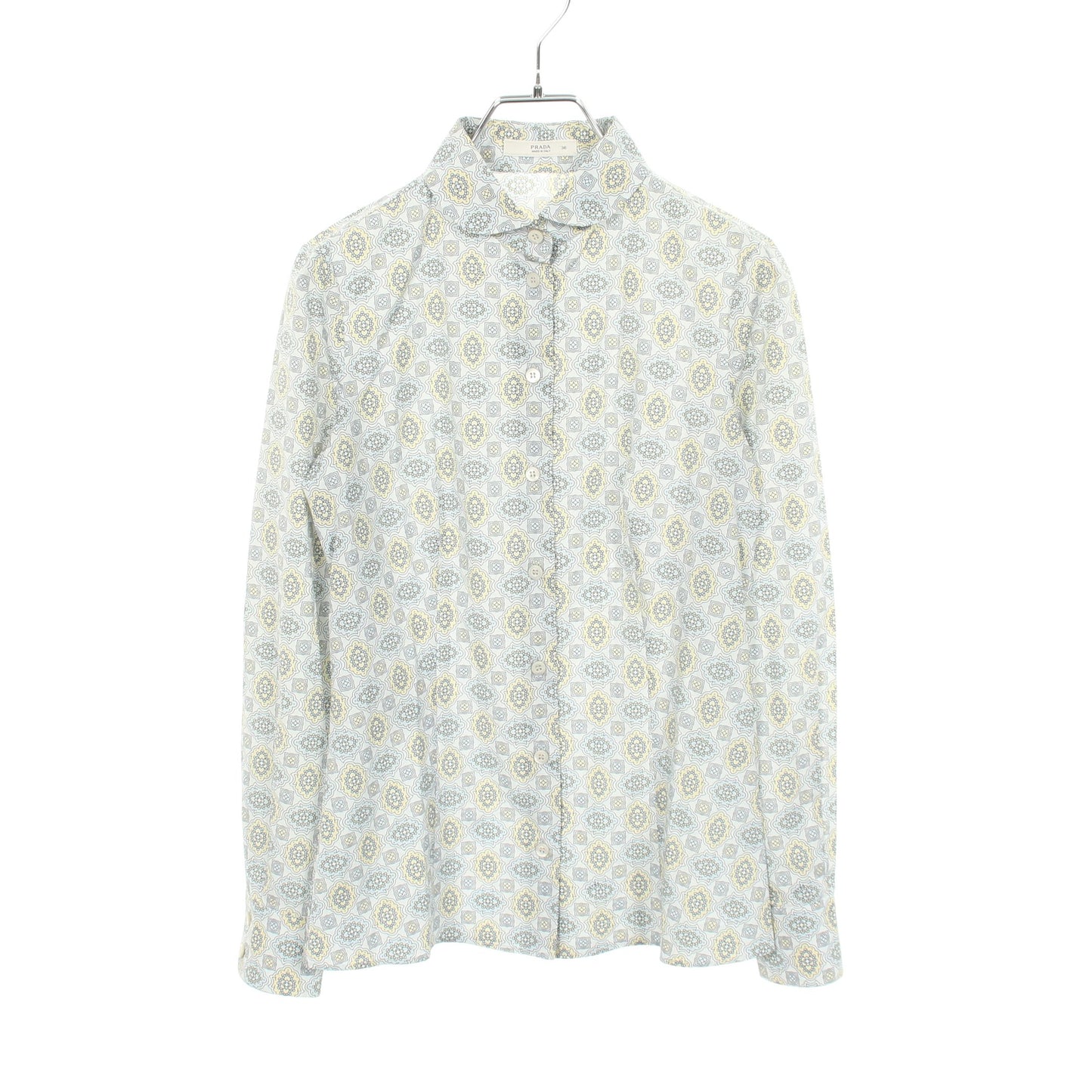 ラウンドカラー 総柄 長袖 シャツ コットン ライトブルー マルチカラー プラダ トップス PRADA