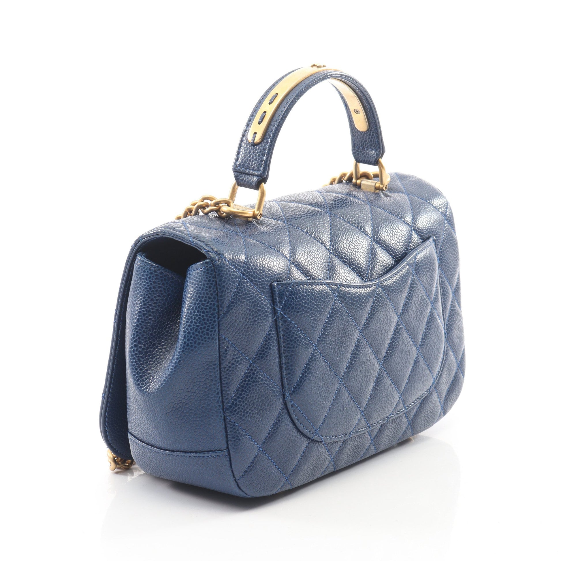 マトラッセ トップハンドル 2WAY チェーンショルダーバッグ キャビアスキン ブルー ゴールド金具 シャネル バッグ CHANEL