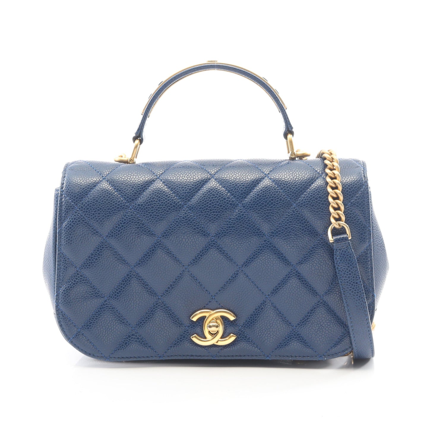 マトラッセ トップハンドル 2WAY チェーンショルダーバッグ キャビアスキン ブルー ゴールド金具 シャネル バッグ CHANEL