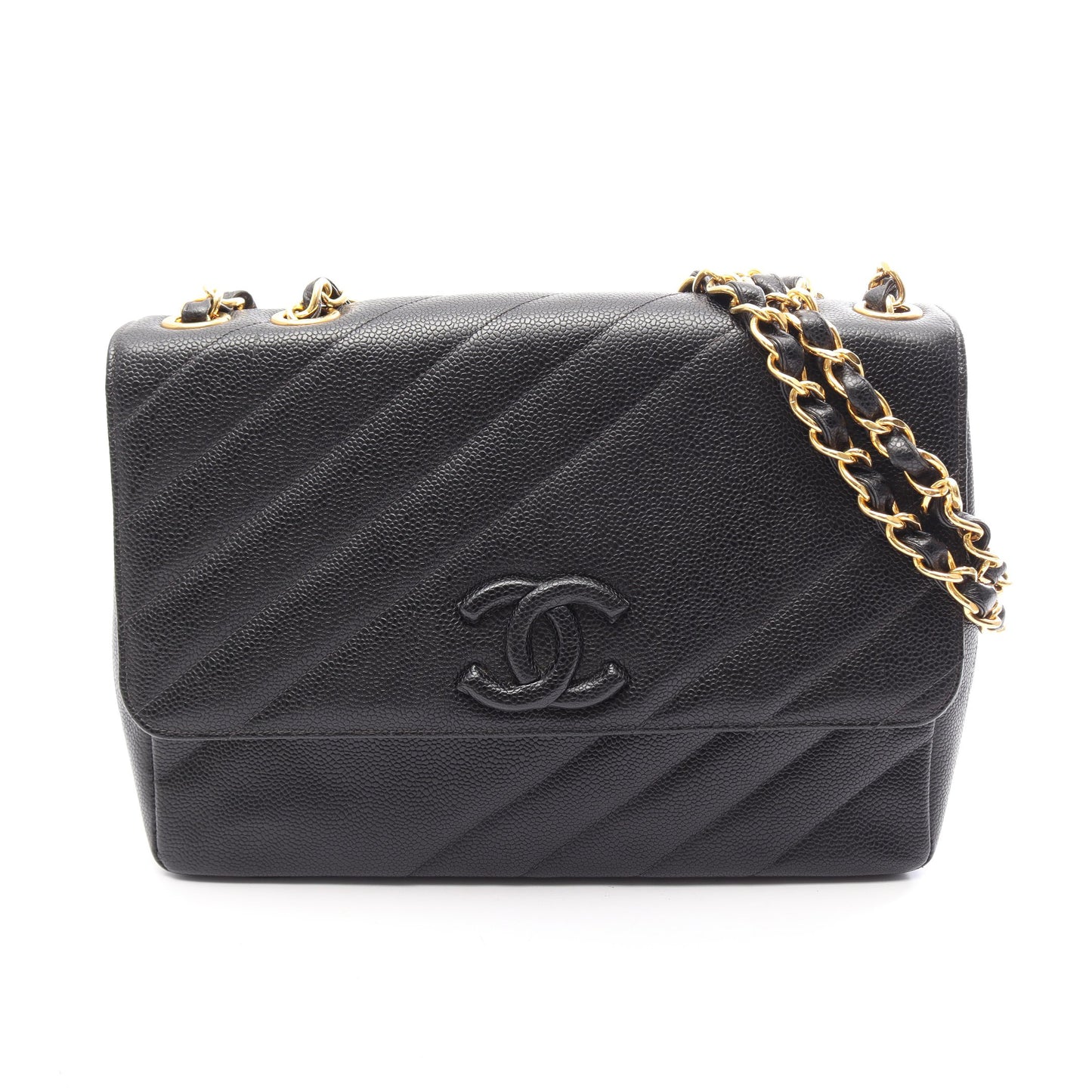 バイアスステッチ ココマーク Wチェーンショルダーバッグ キャビアスキン ブラック ゴールド金具 シャネル バッグ CHANEL