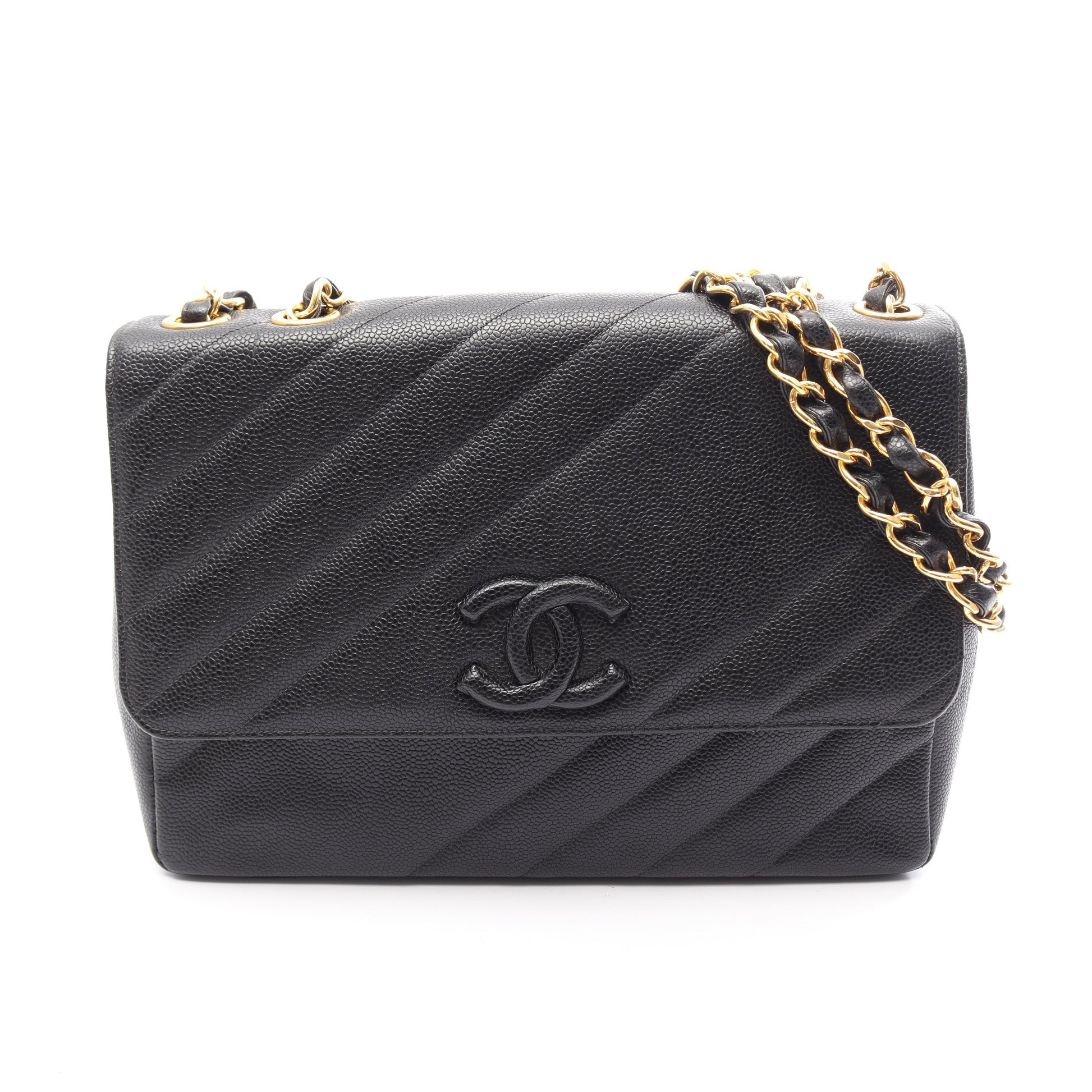 バイアスステッチ ココマーク Wチェーンショルダーバッグ キャビアスキン ブラック ゴールド金具 シャネル バッグ CHANEL