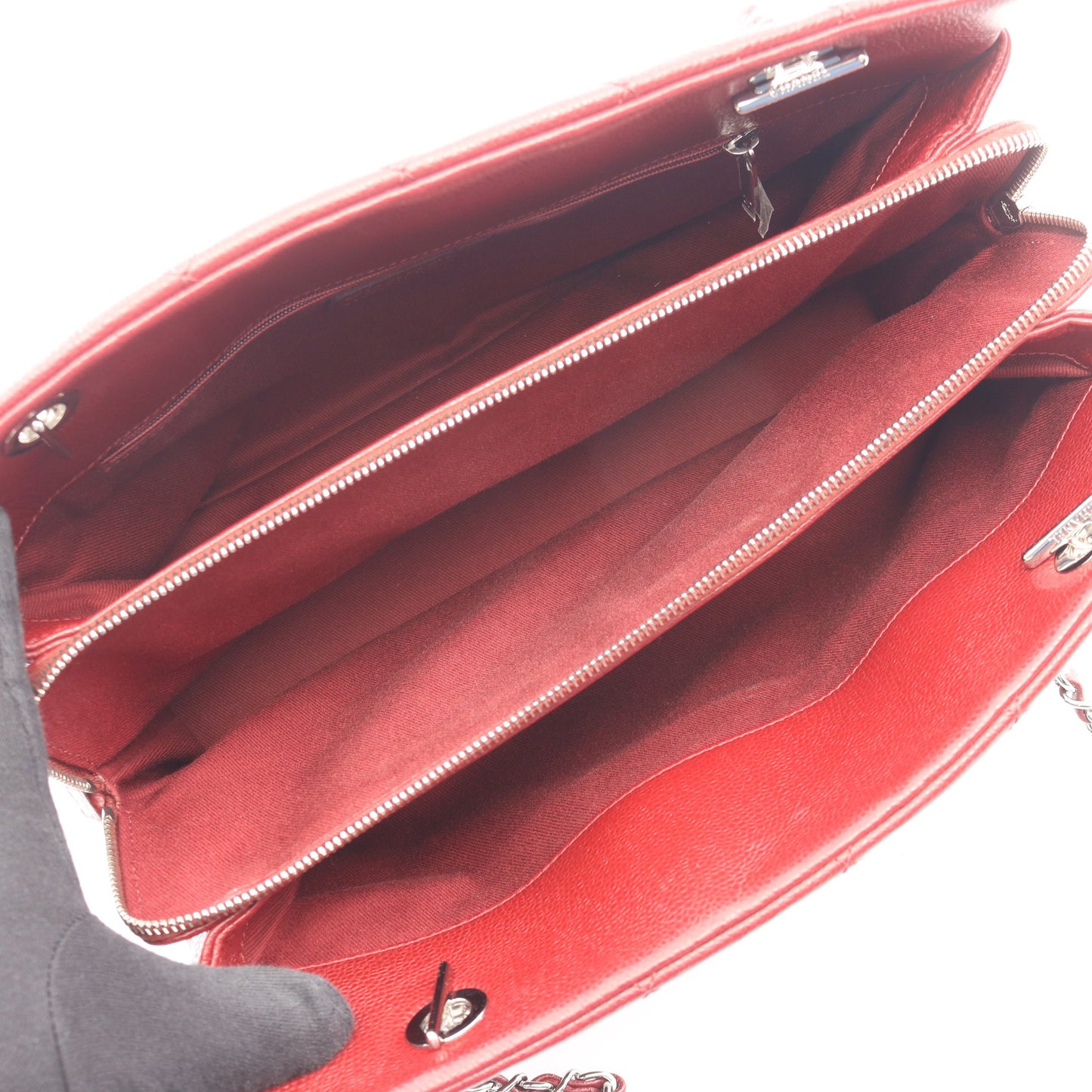 マトラッセ チェーンショルダーバッグ チェーントートバッグ キャビアスキン レッド シルバー金具 シャネル