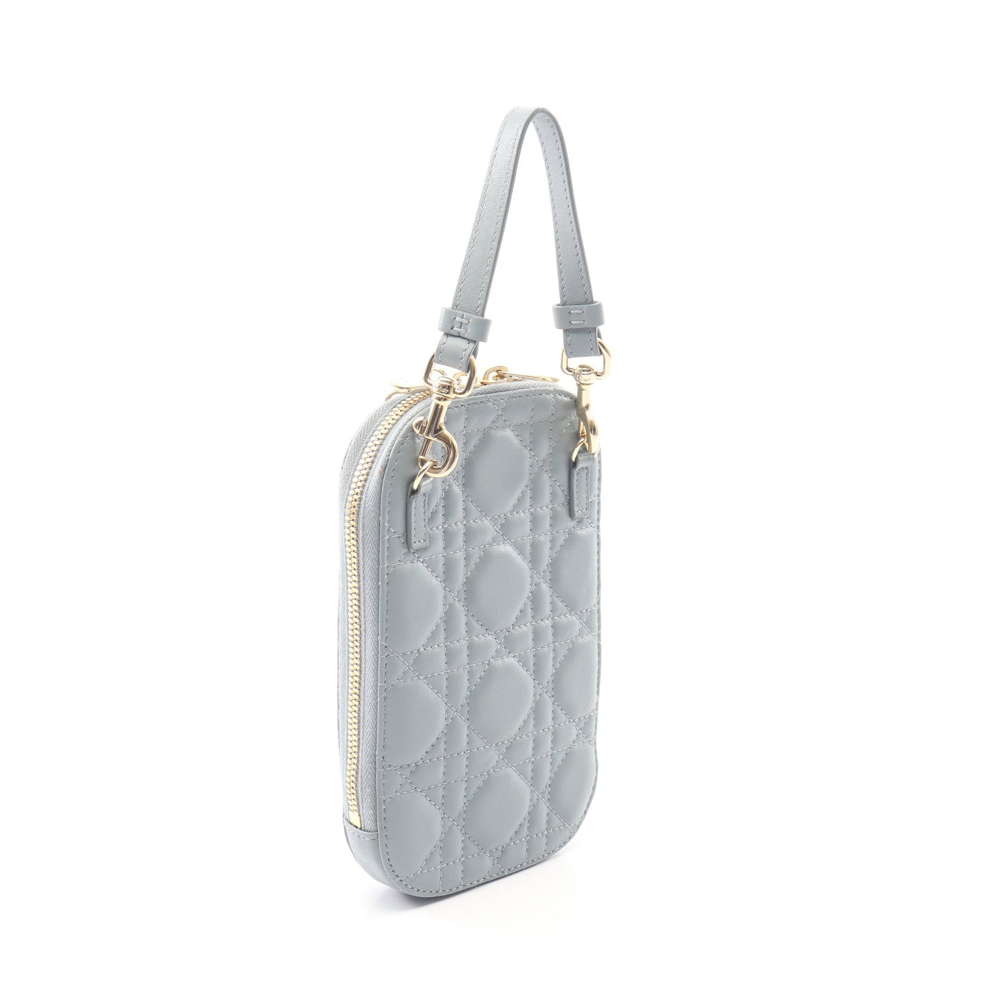 LADY DIOR レディディオール フォンホルダー カナージュ 2WAY ハンドバッグ レザー ブルーグレー クリスチャンディオール