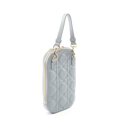 LADY DIOR レディディオール フォンホルダー カナージュ 2WAY ハンドバッグ レザー ブルーグレー クリスチャンディオール