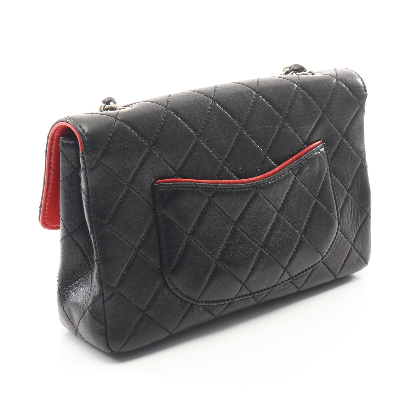 マトラッセ シングルフラップ バイカラー チェーンショルダーバッグ ラムスキン ブラック レッド シルバー金具 シャネル