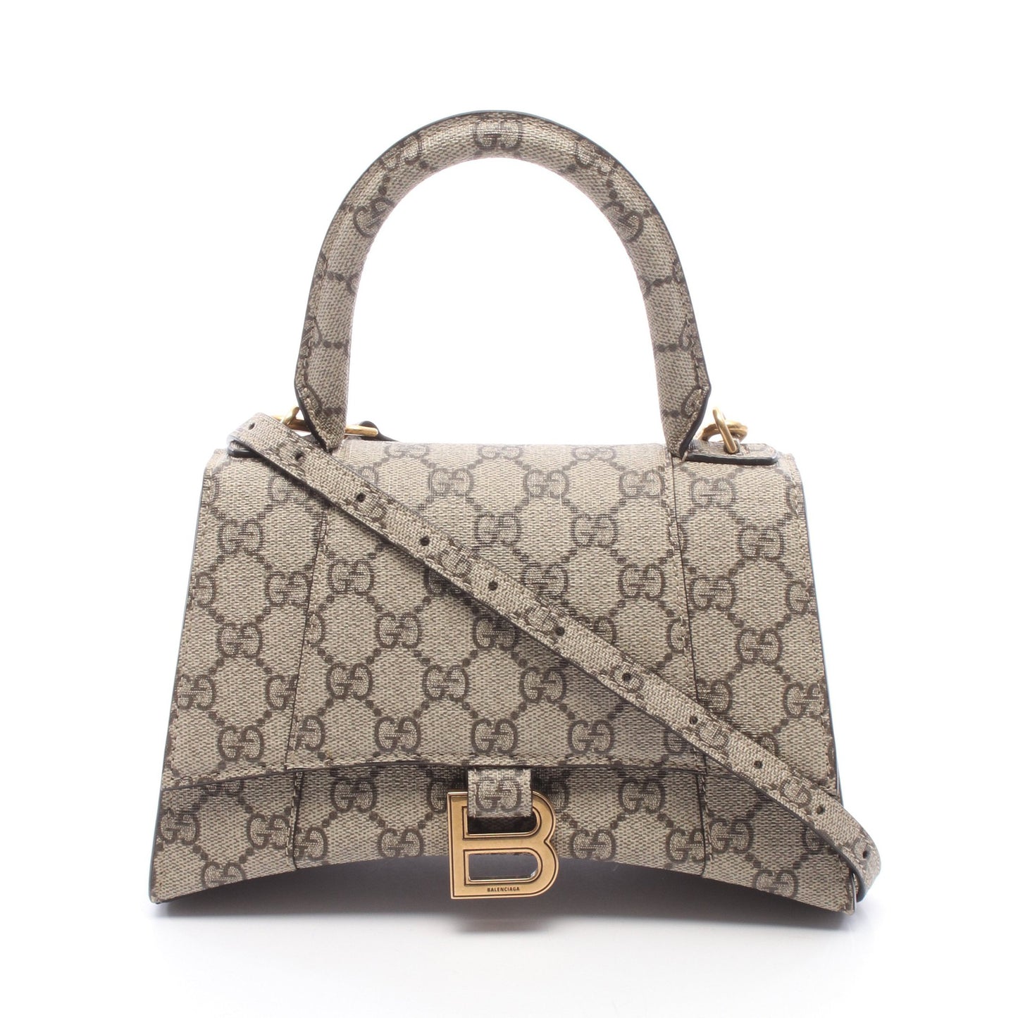 GUCCI × BALENCIAGA ハッカープロジェクト フローラ アワーグラス ハンドバッグ PVC ベージュ ダークブラウン グッチ