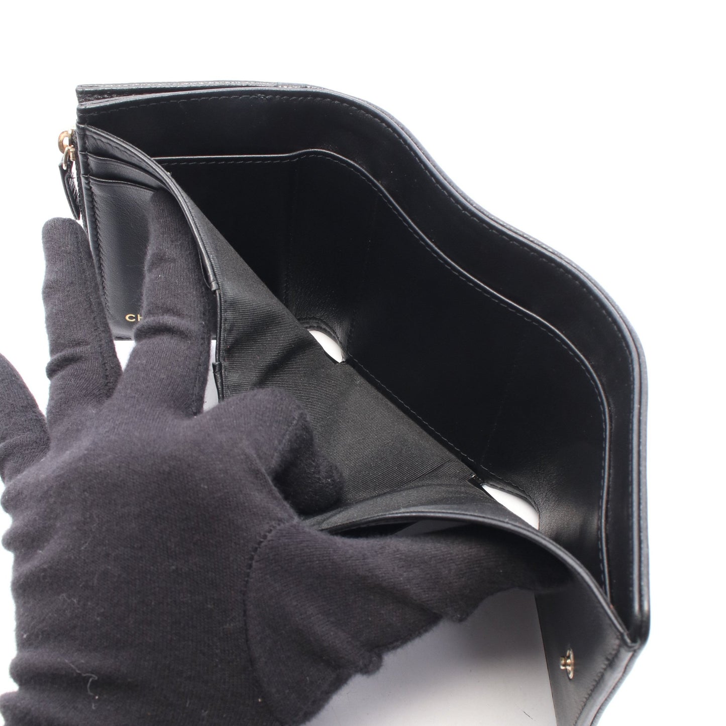 カメリア 三つ折り財布 レザー ブラック ゴールド金具 シャネル