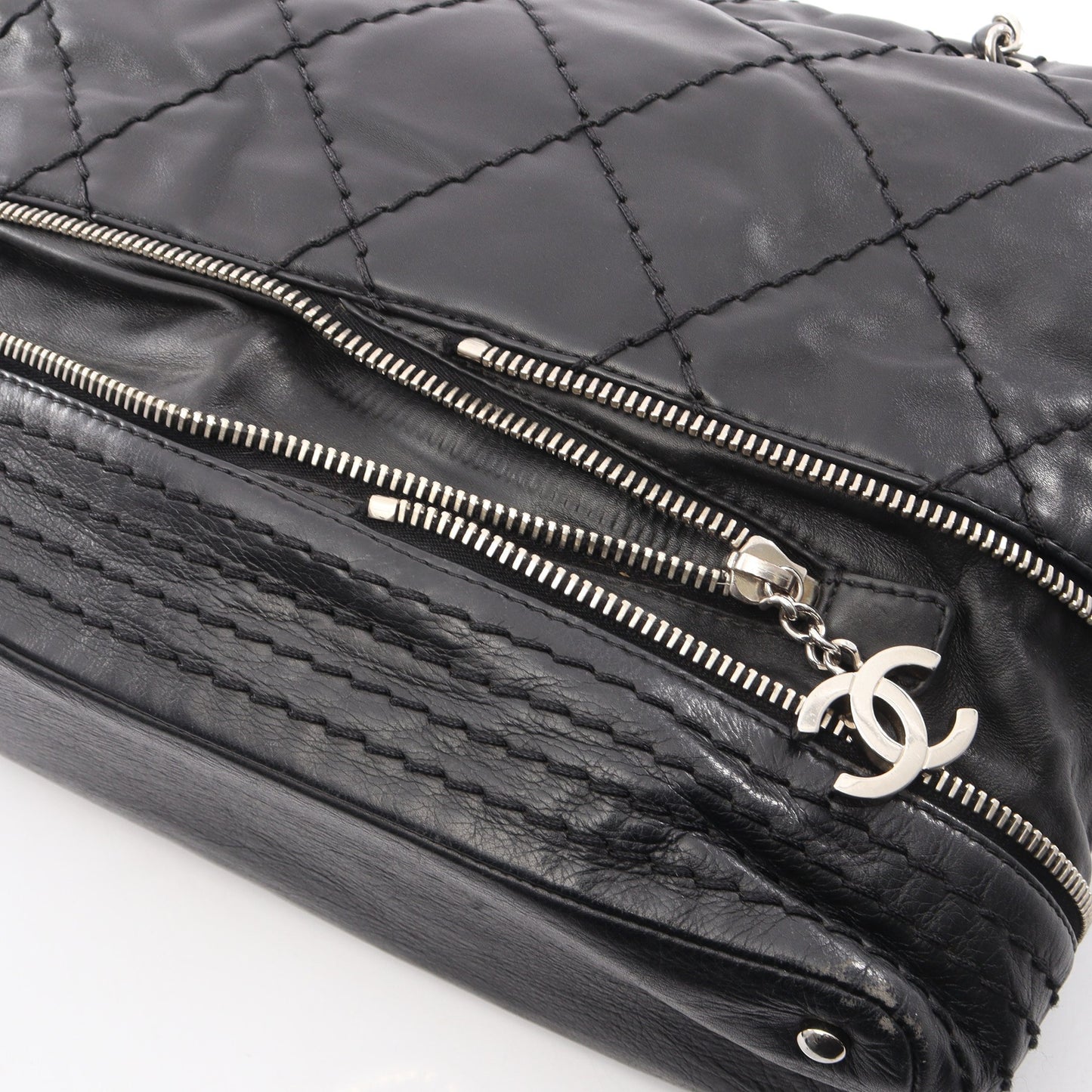 ワイルドステッチ チェーンショルダーバッグ カーフレザー ブラック シルバー金具 シャネル バッグ CHANEL