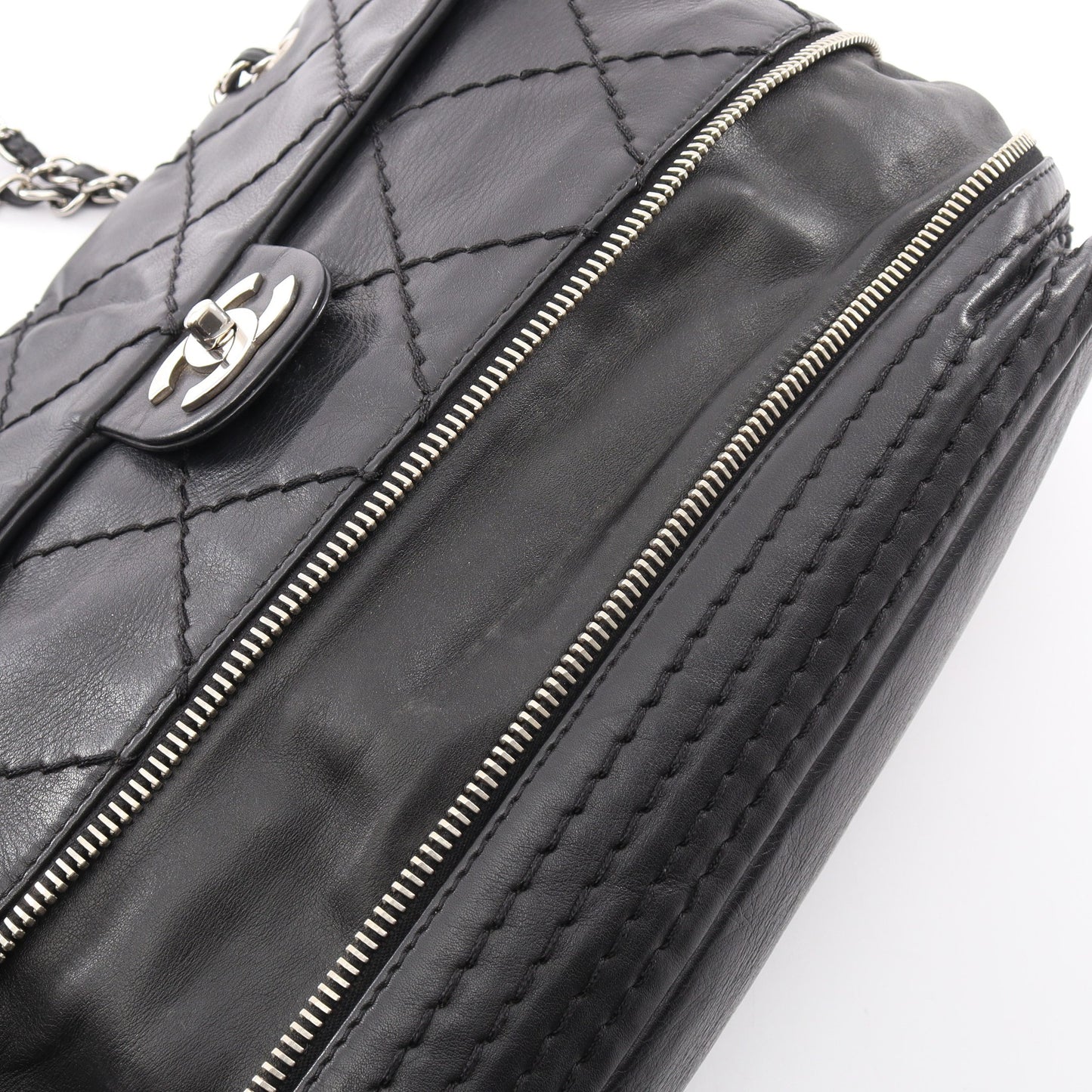 ワイルドステッチ チェーンショルダーバッグ カーフレザー ブラック シルバー金具 シャネル バッグ CHANEL