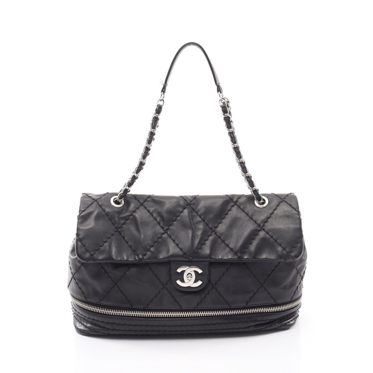 ワイルドステッチ チェーンショルダーバッグ カーフレザー ブラック シルバー金具 シャネル バッグ CHANEL