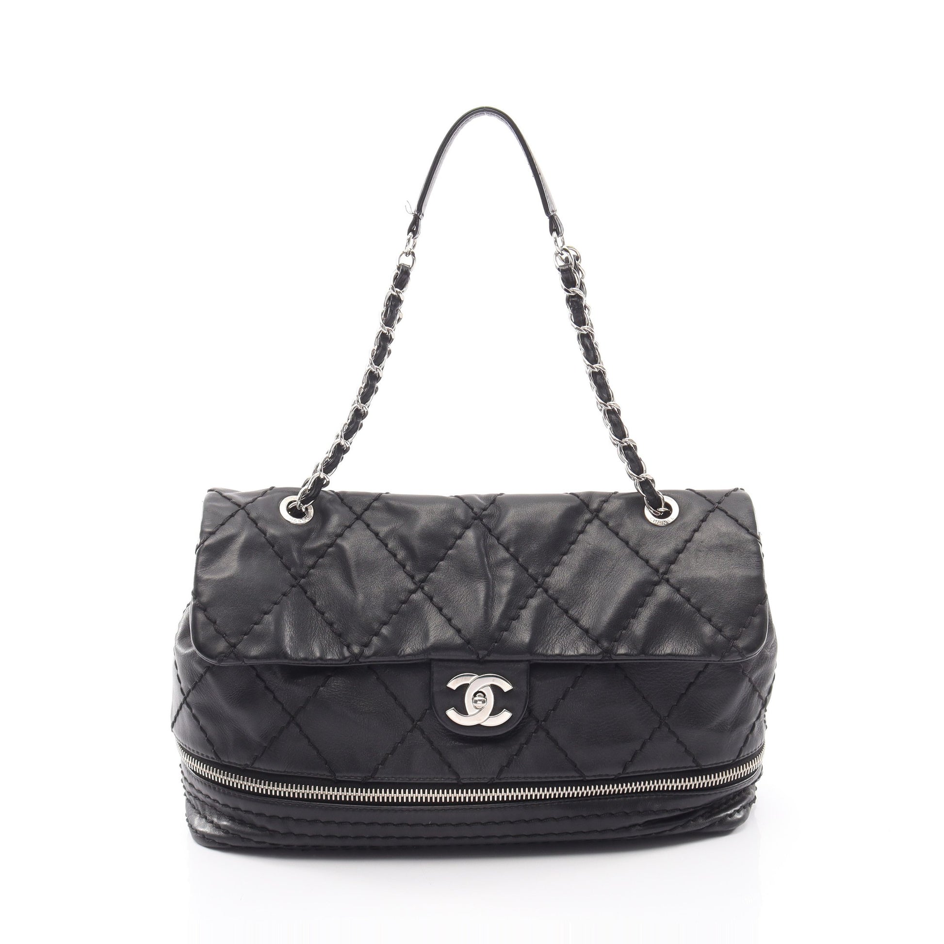 ワイルドステッチ チェーンショルダーバッグ カーフレザー ブラック シルバー金具 シャネル バッグ CHANEL