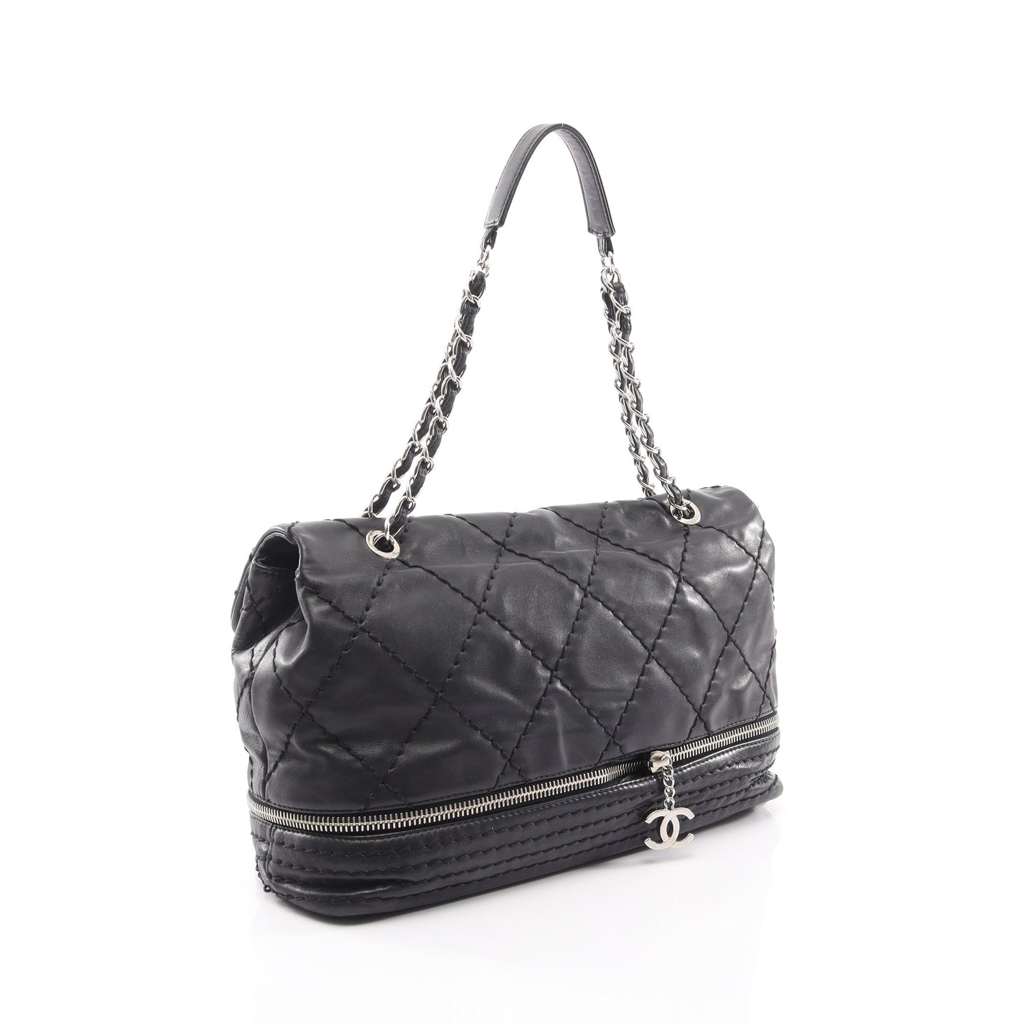 ワイルドステッチ チェーンショルダーバッグ カーフレザー ブラック シルバー金具 シャネル バッグ CHANEL