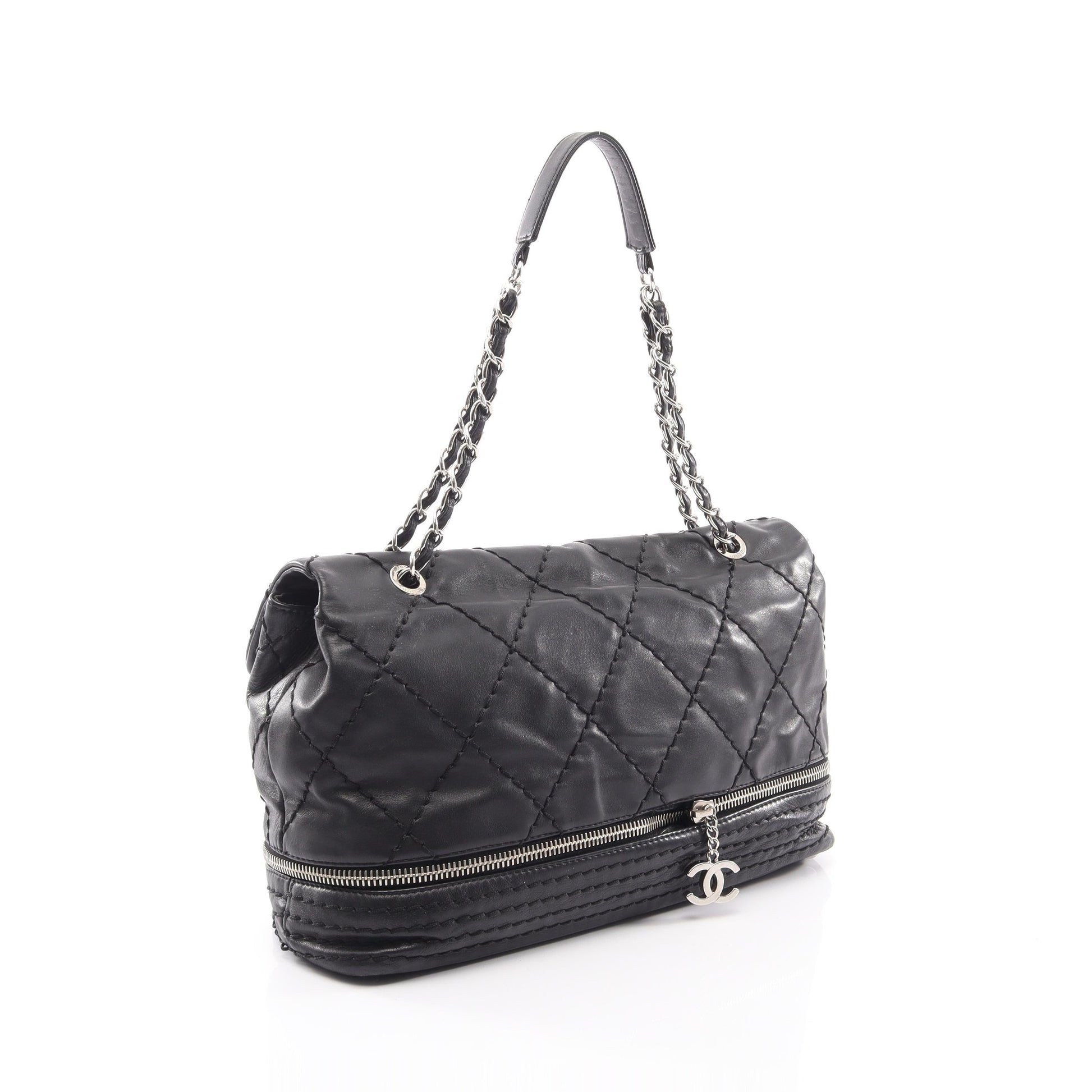 ワイルドステッチ チェーンショルダーバッグ カーフレザー ブラック シルバー金具 シャネル バッグ CHANEL