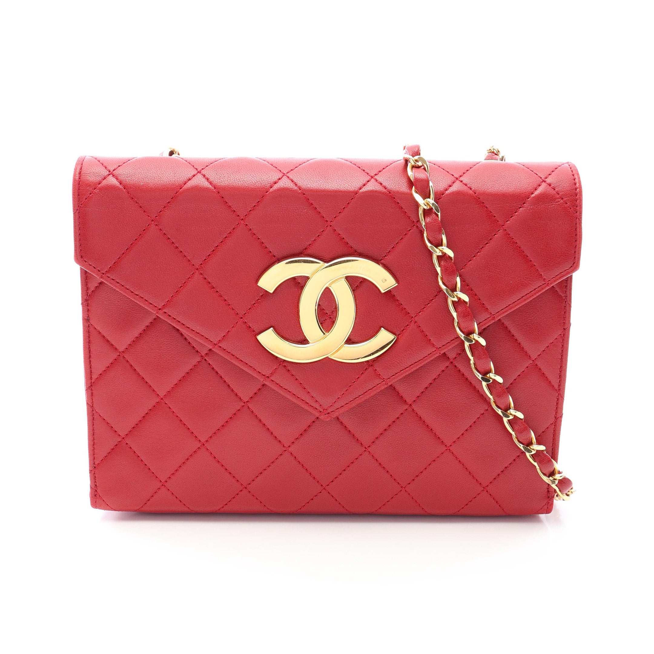 CHANEL 赤 ケース ラムスキン ココマーク マトラッセ デカココマーク チェーンショルダーバッグ ラムスキン