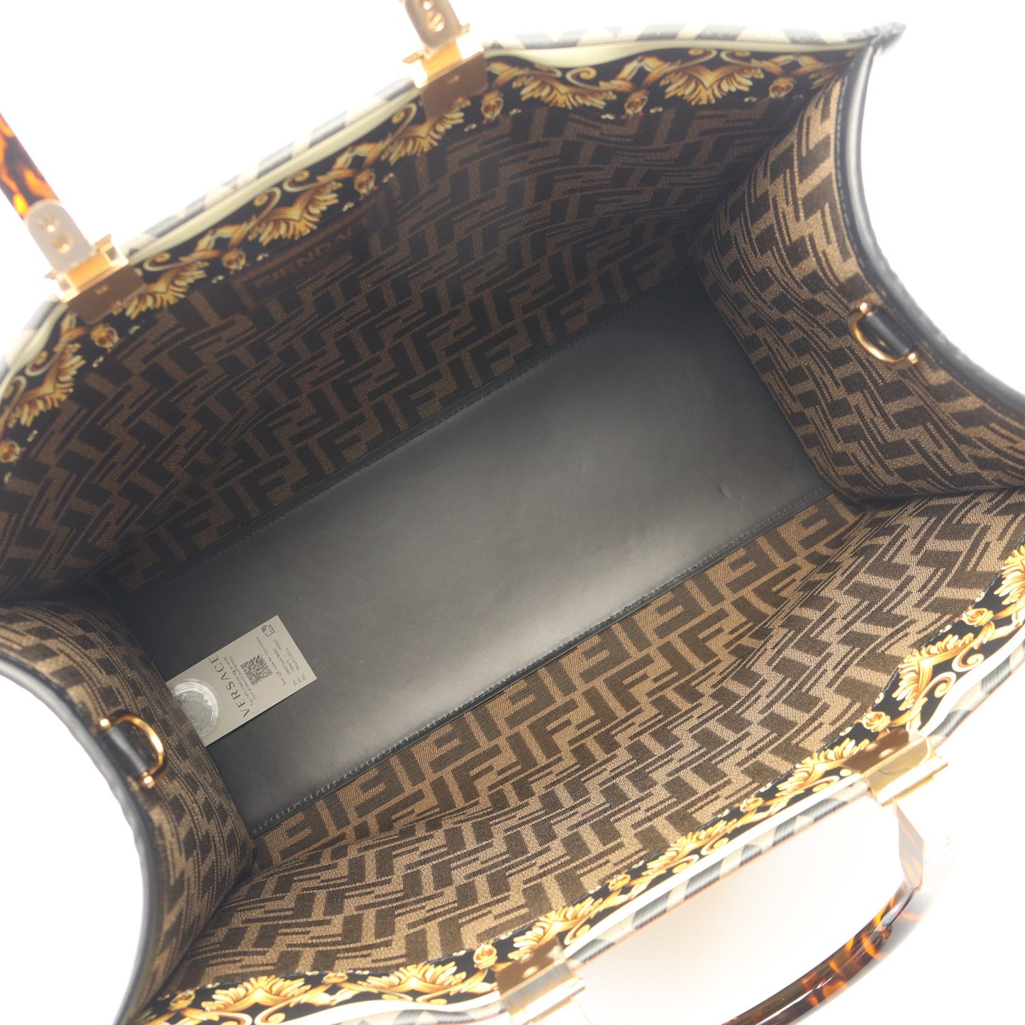 FENDI × VERSACE FENDACE フェンダーチェ SUNSHINE MEDIUM サンシャイン ミディアム 2WAY ハンドバッグ トートバッグ レザー ブラック イエロー ゴールド フェンディ