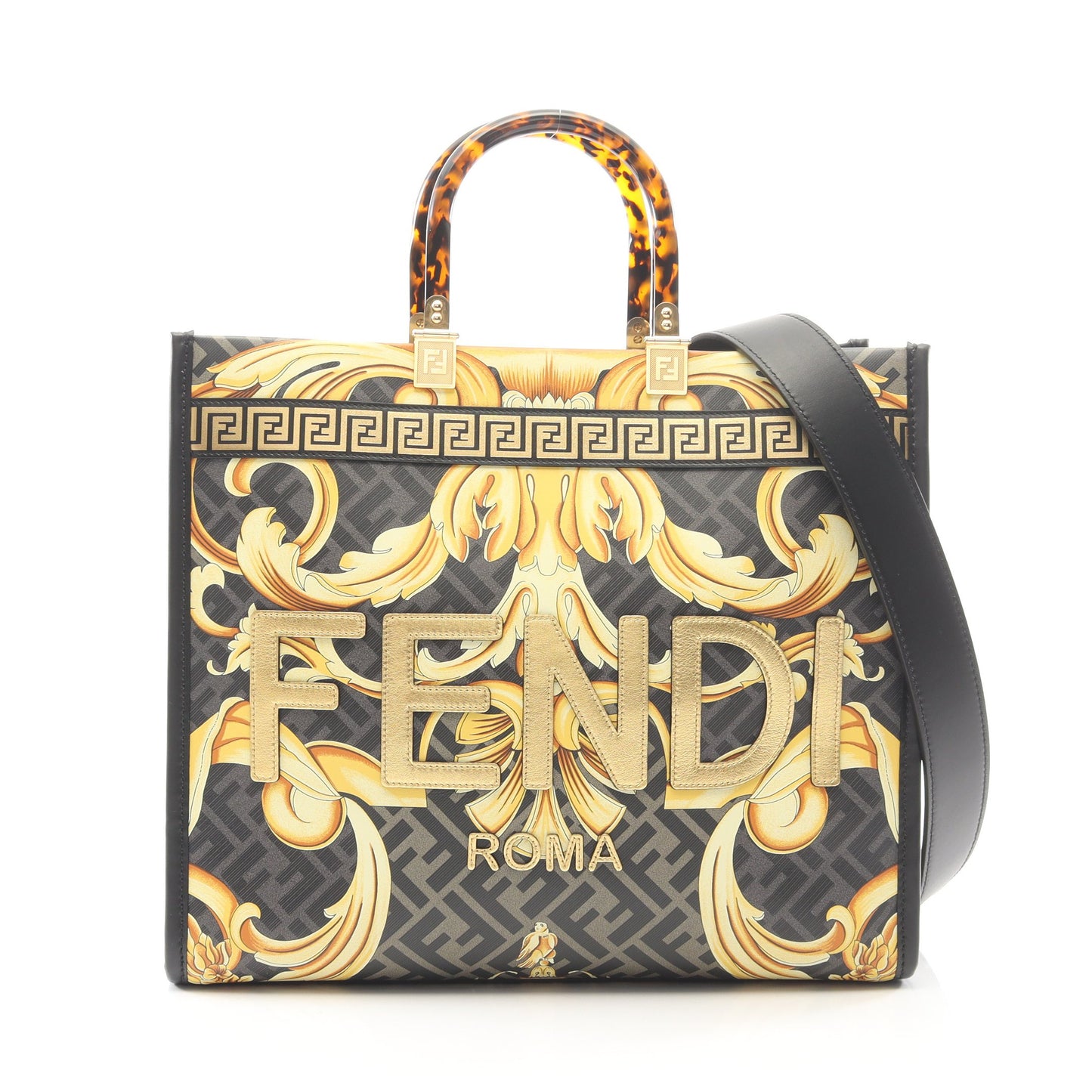 FENDI × VERSACE FENDACE フェンダーチェ SUNSHINE MEDIUM サンシャイン ミディアム 2WAY ハンドバッグ トートバッグ レザー ブラック イエロー ゴールド フェンディ