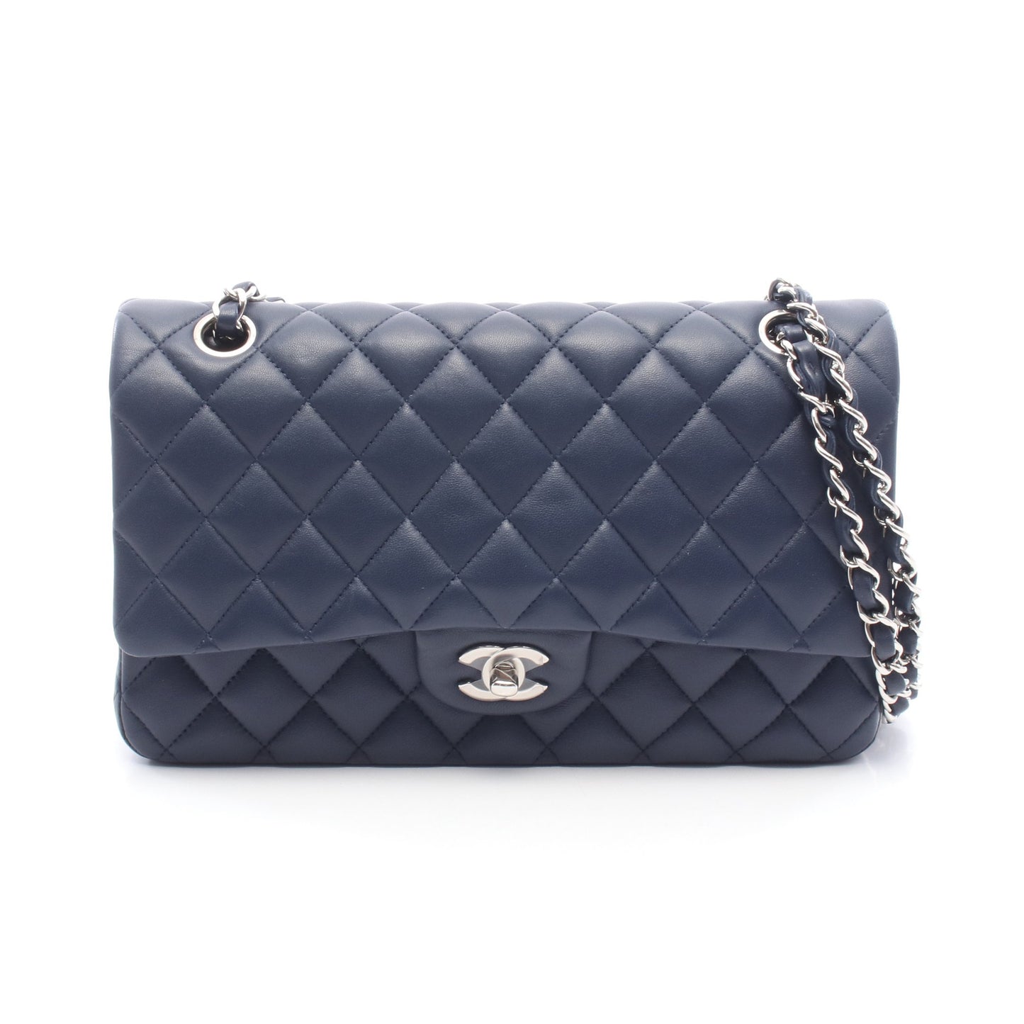 マトラッセ Wフラップ Wチェーンショルダーバッグ ラムスキン ネイビー シルバー金具 シャネル バッグ CHANEL