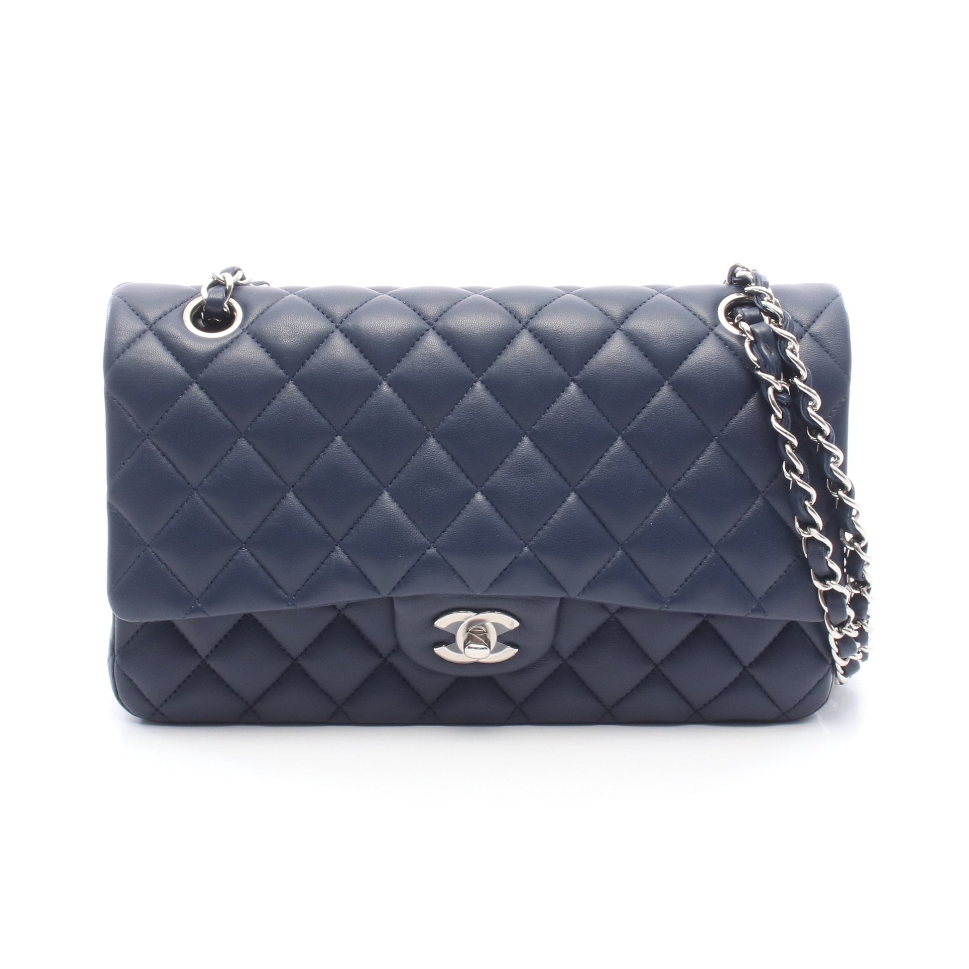マトラッセ Wフラップ Wチェーンショルダーバッグ ラムスキン ネイビー シルバー金具 シャネル バッグ CHANEL