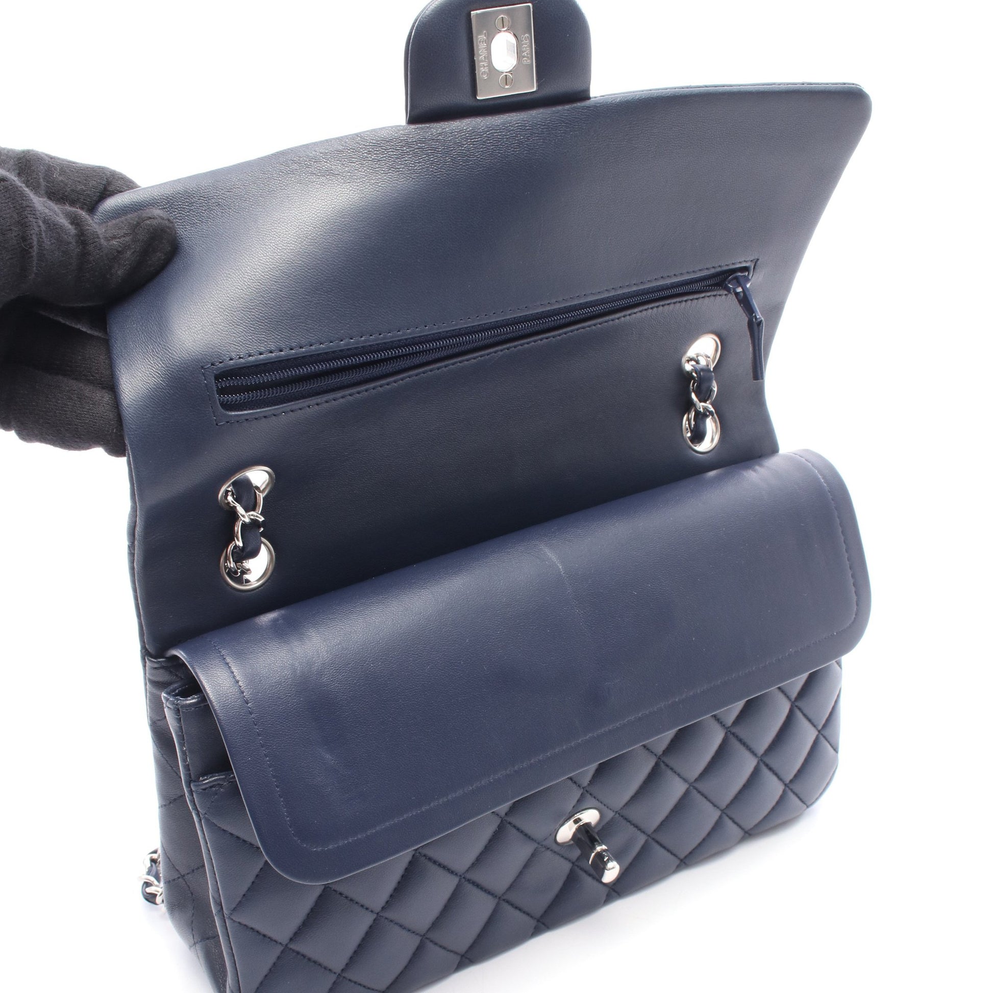 マトラッセ Wフラップ Wチェーンショルダーバッグ ラムスキン ネイビー シルバー金具 シャネル バッグ CHANEL