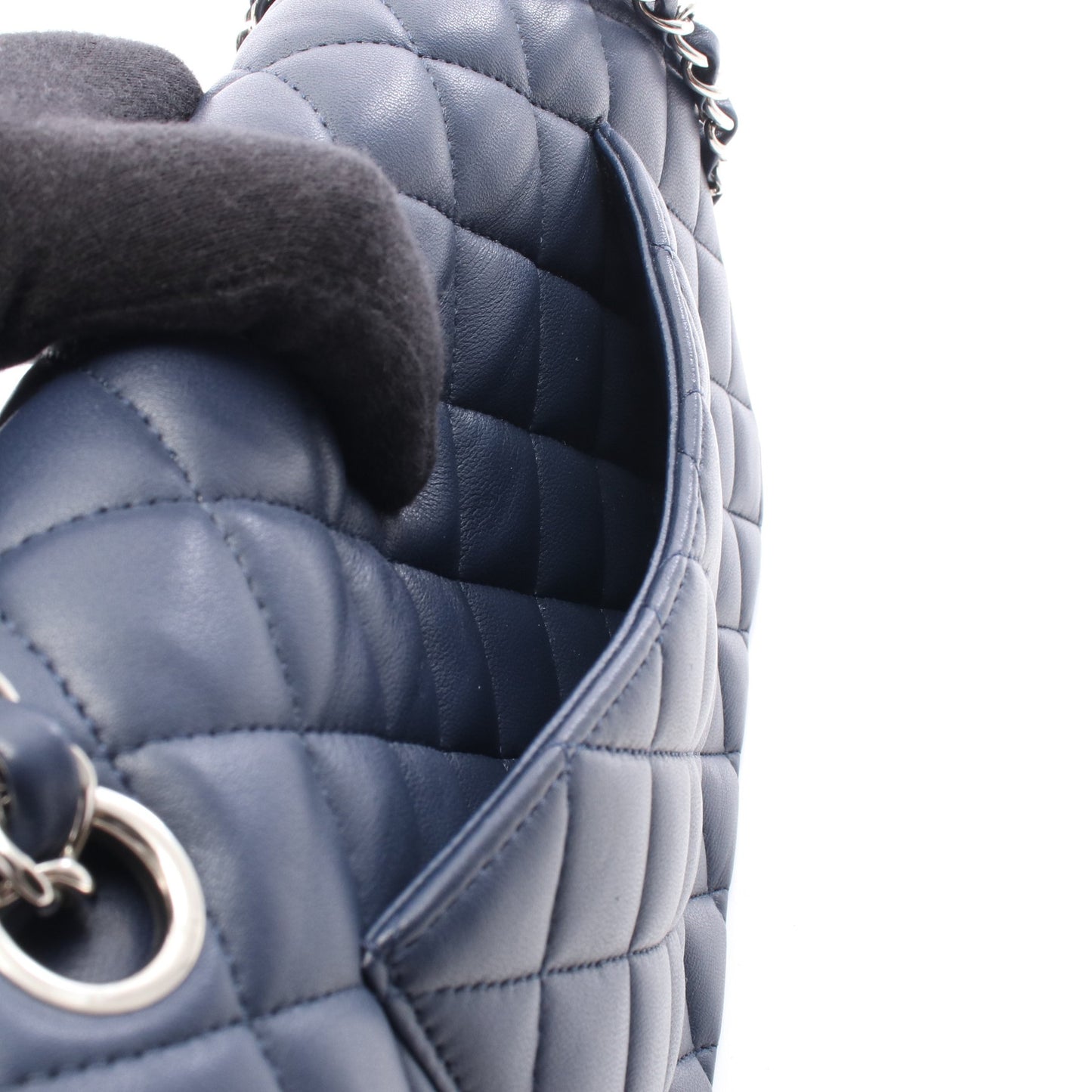 マトラッセ Wフラップ Wチェーンショルダーバッグ ラムスキン ネイビー シルバー金具 シャネル バッグ CHANEL