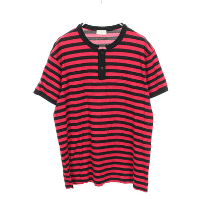 ロゴ刺繍 ボーダー 半袖Tシャツ コットン ピンクレッド ブラック サンローランパリ トップス SAINT LAURENT PARIS