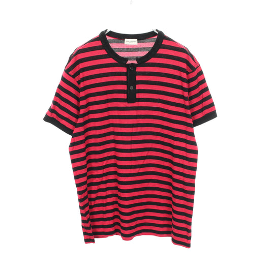 ロゴ刺繍 ボーダー 半袖Tシャツ コットン ピンクレッド ブラック サンローランパリ トップス SAINT LAURENT PARIS